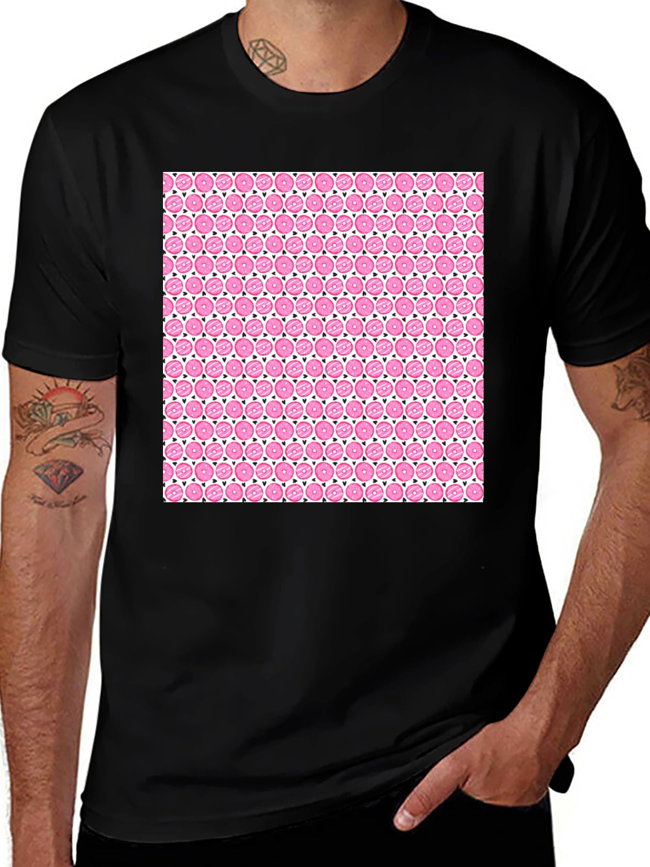 Pink Donut Pattern Black T-Shirt