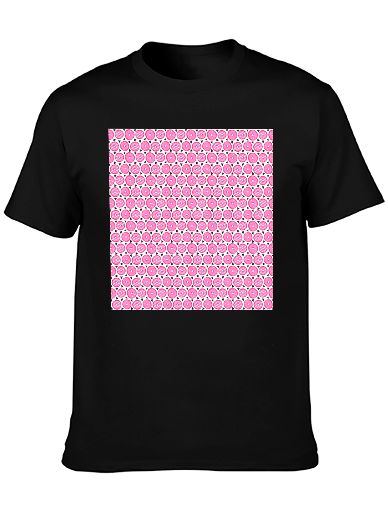 Pink Donut Pattern Black T-Shirt