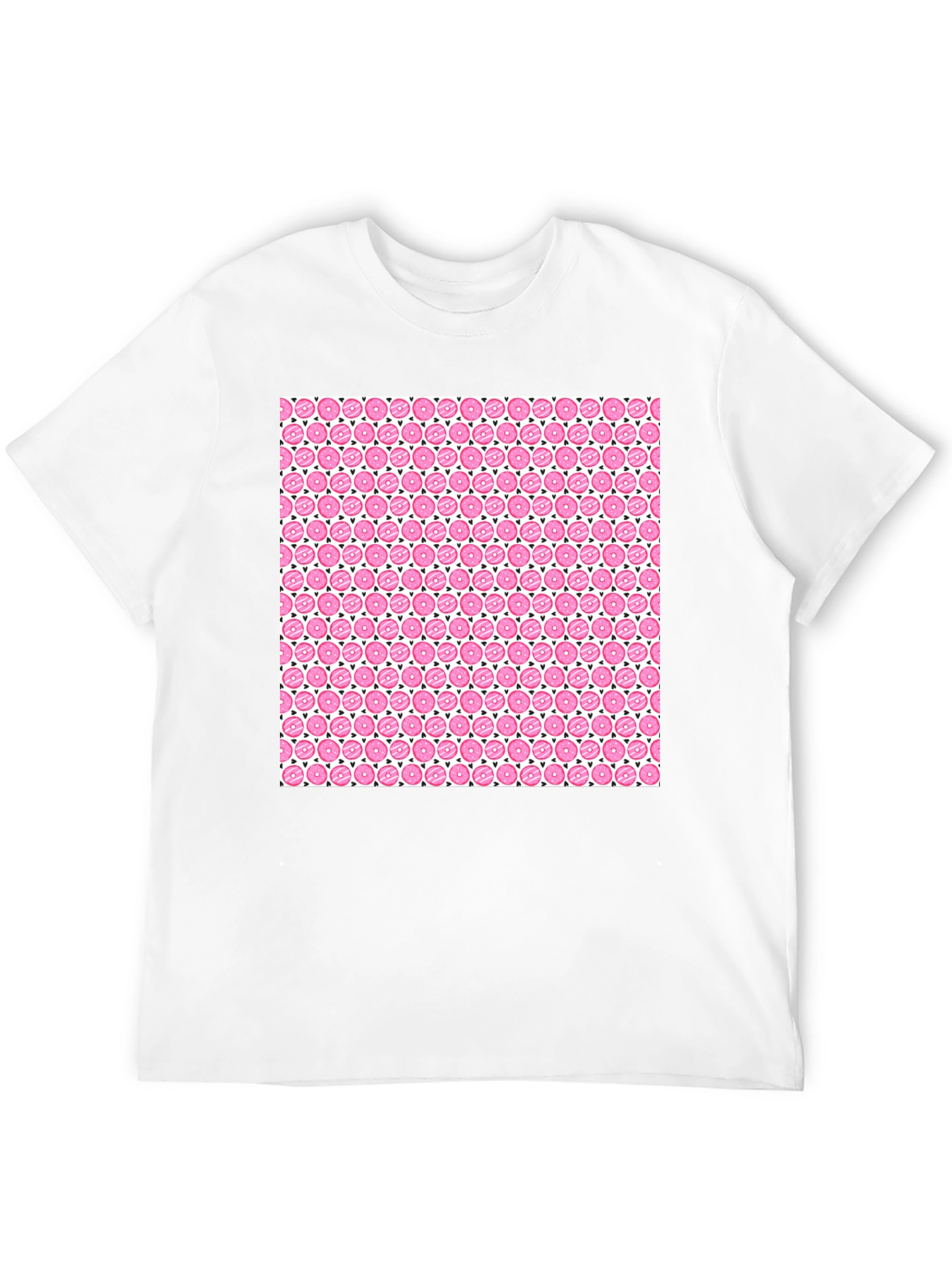 Pink Donut Pattern Black T-Shirt