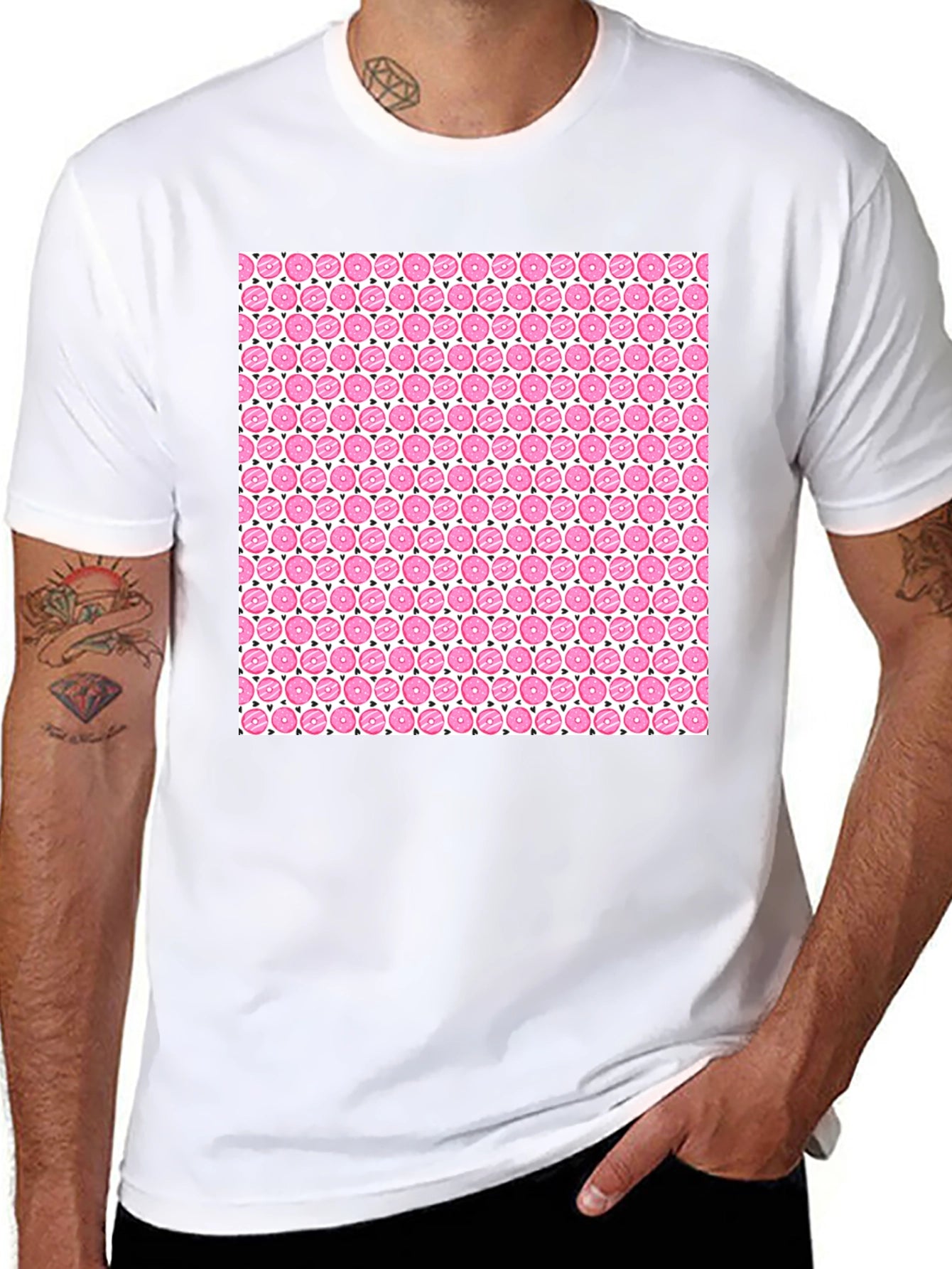 Pink Donut Pattern Black T-Shirt