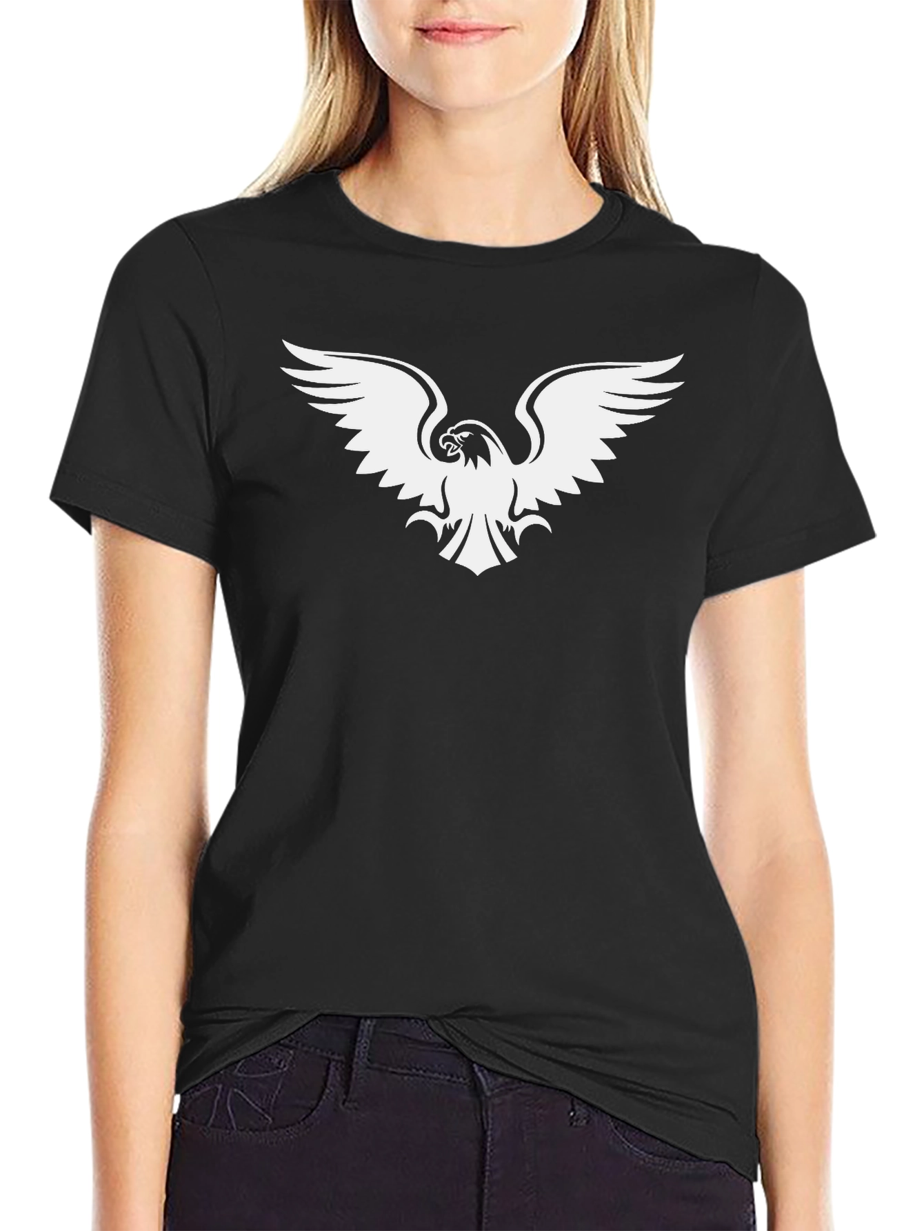 Black T-Shirt with White Eagle Graphic Print