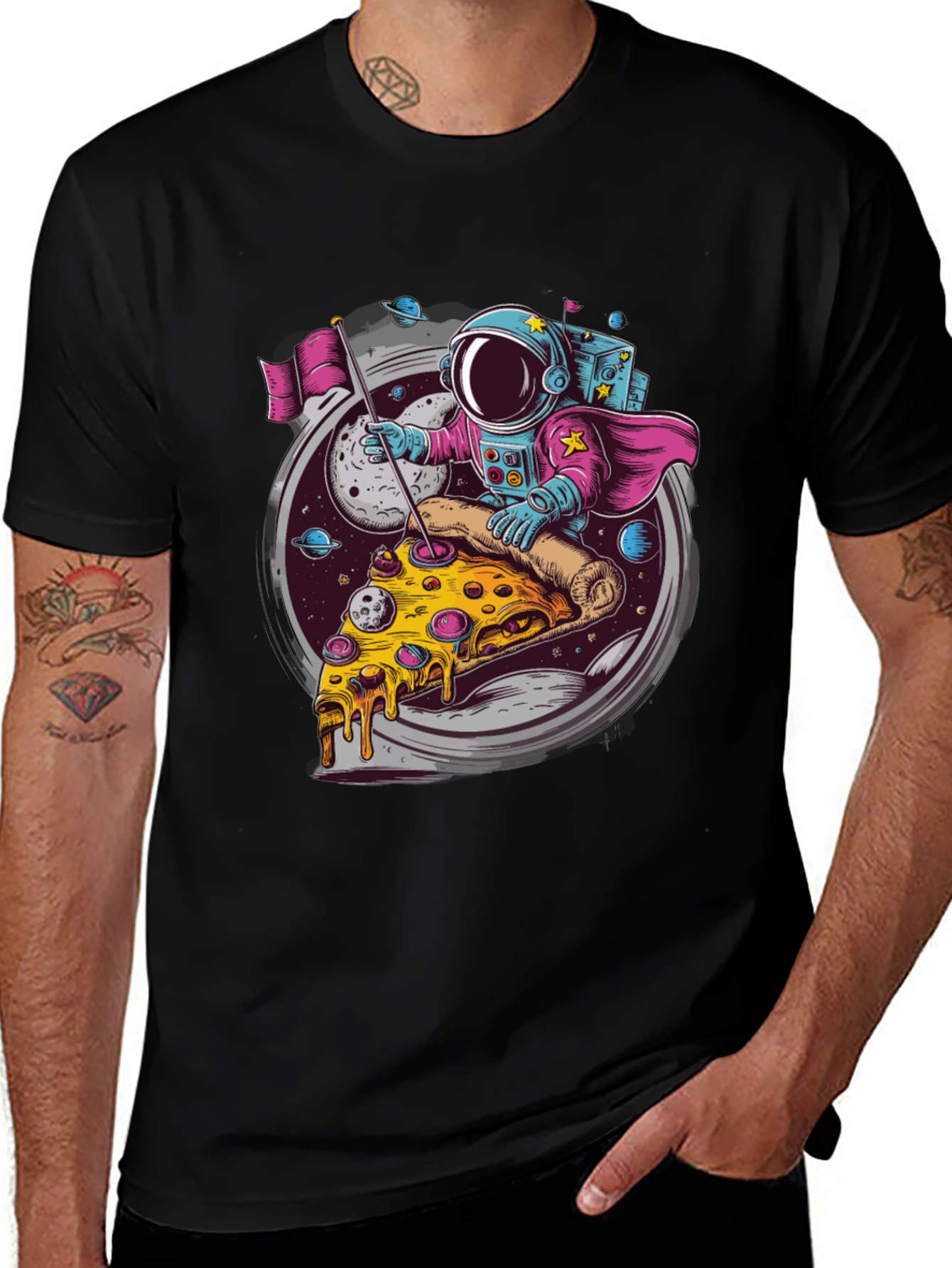Astronaut Pizza Rider Black T-Shirt