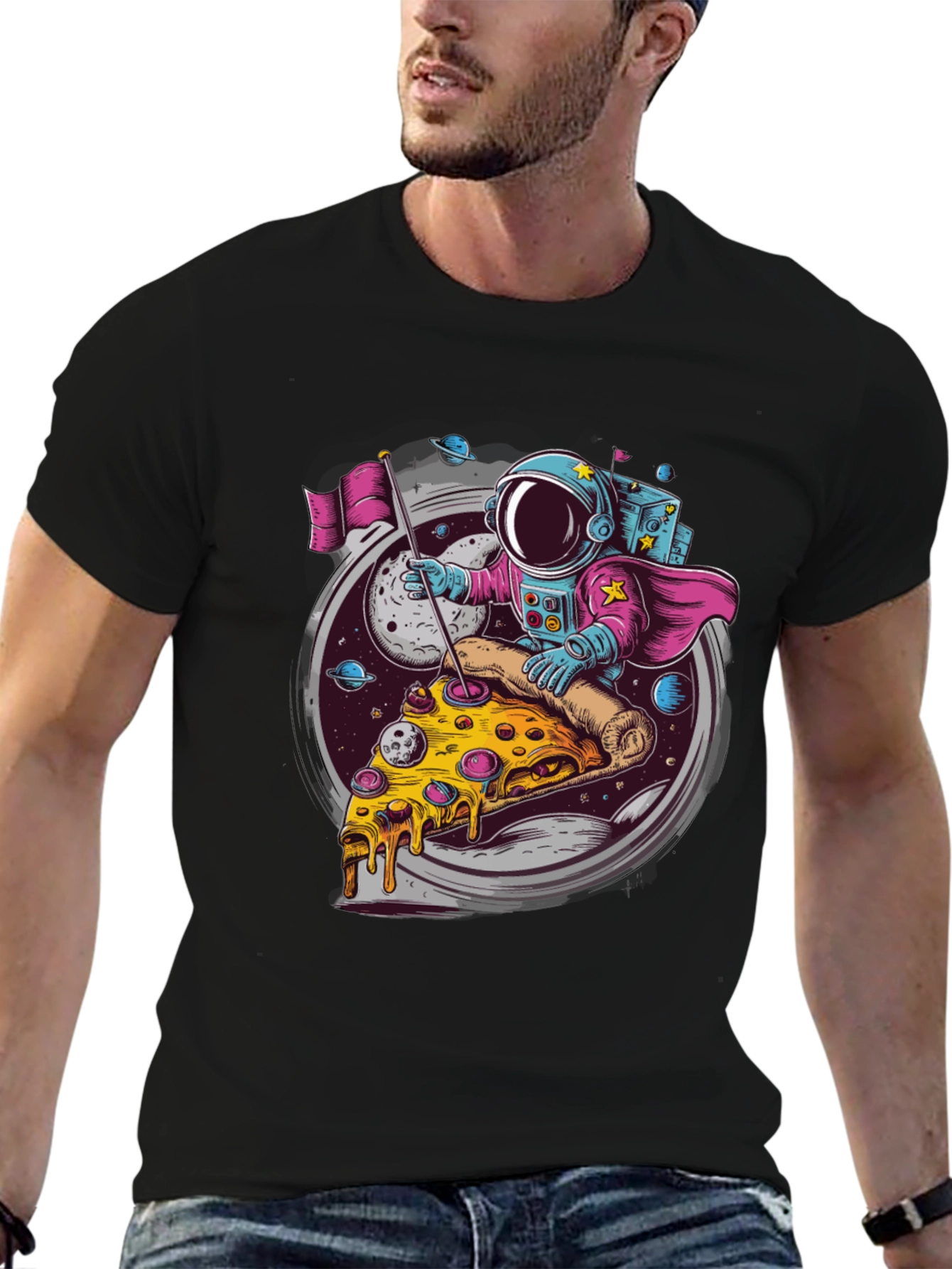 Astronaut Pizza Rider Black T-Shirt