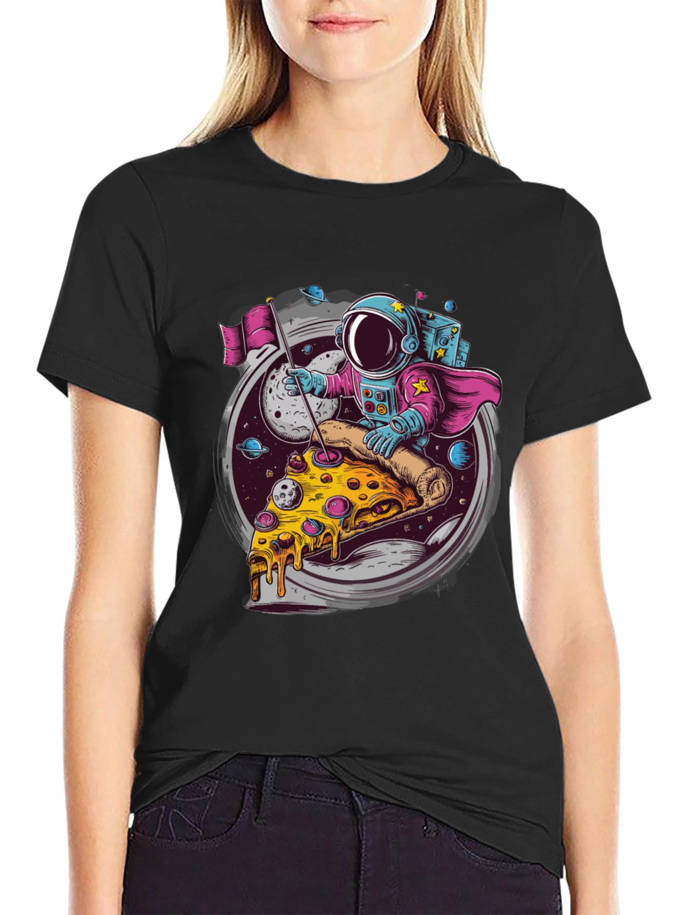 Astronaut Pizza Rider Black T-Shirt