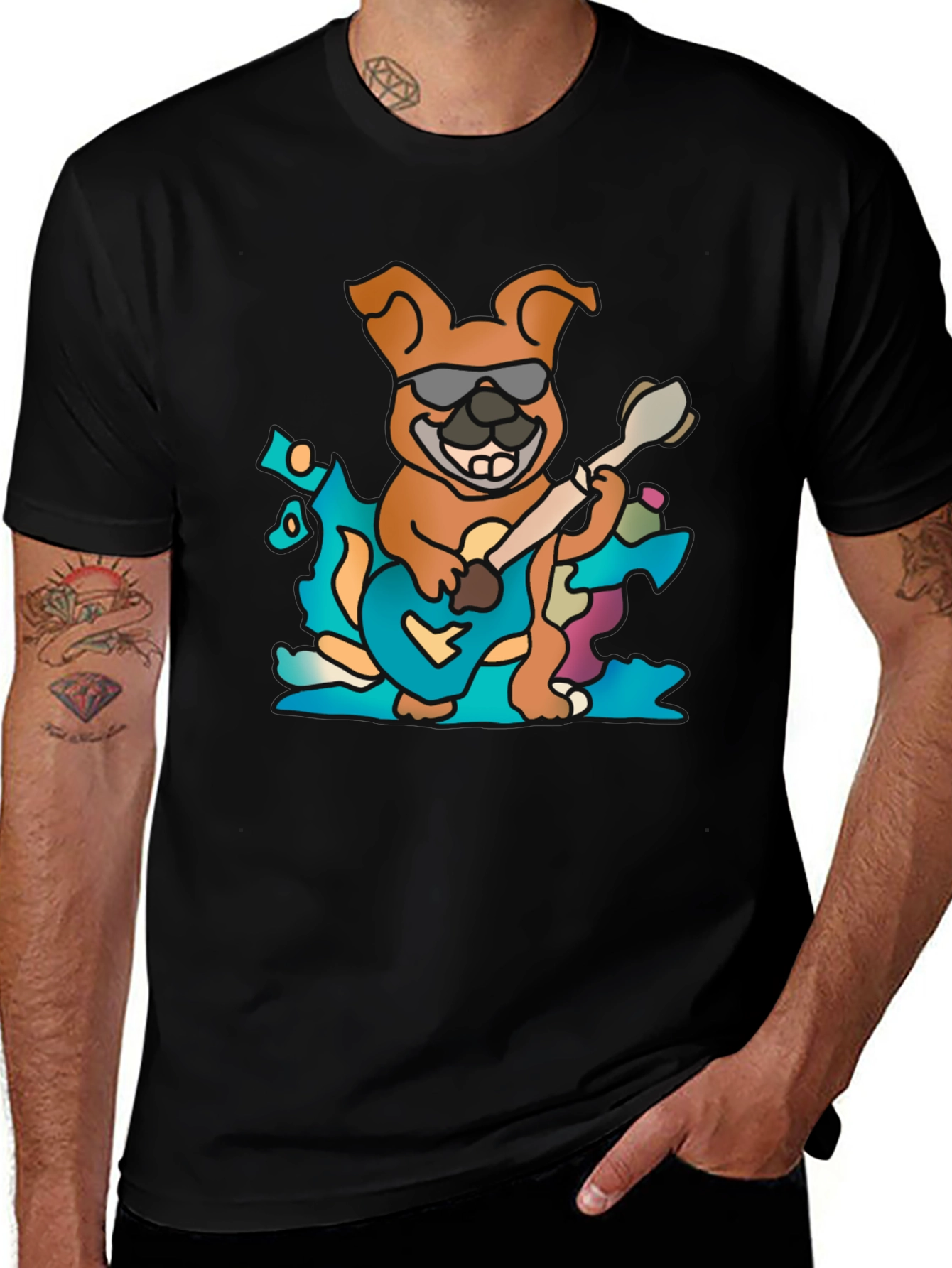 Cool Dog Guitarist Black T-Shirt