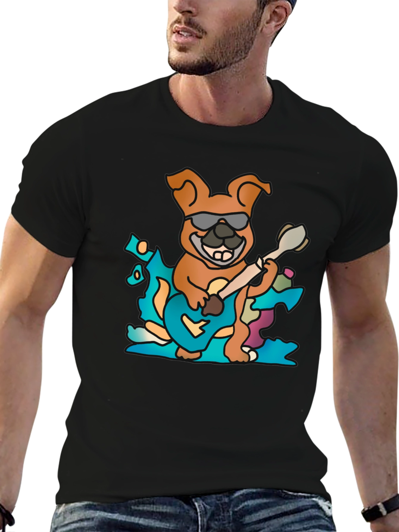 Cool Dog Guitarist Black T-Shirt
