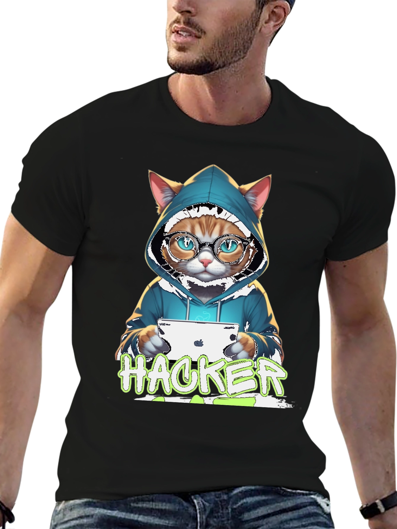 Hacker Cat Graphic Tee - Novelty T-Shirt