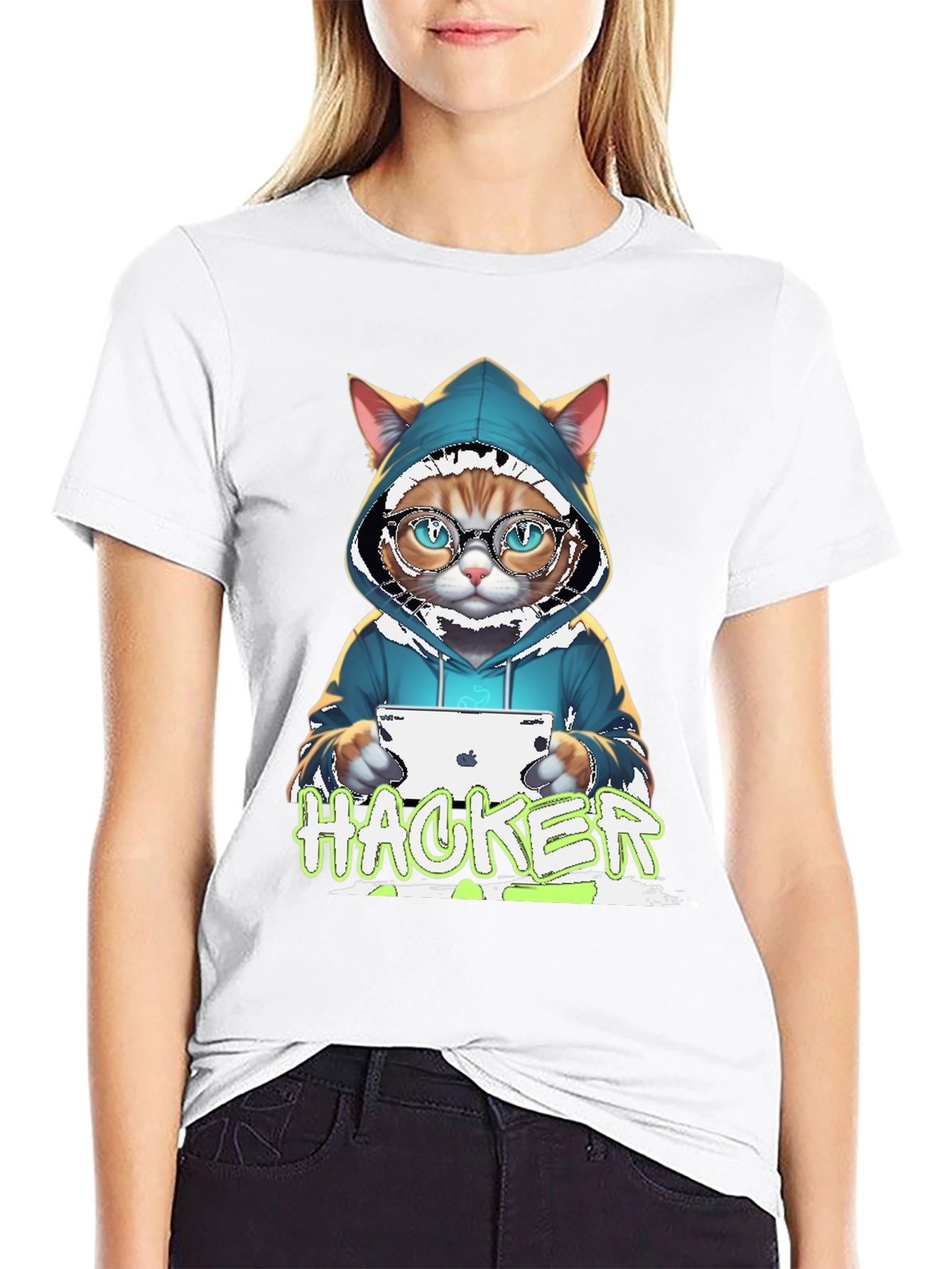 Hacker Cat Graphic Tee - Novelty T-Shirt