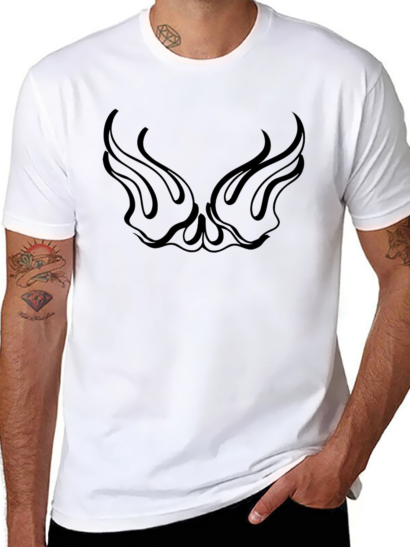 Black Graphic Tee with Wing Flame Design