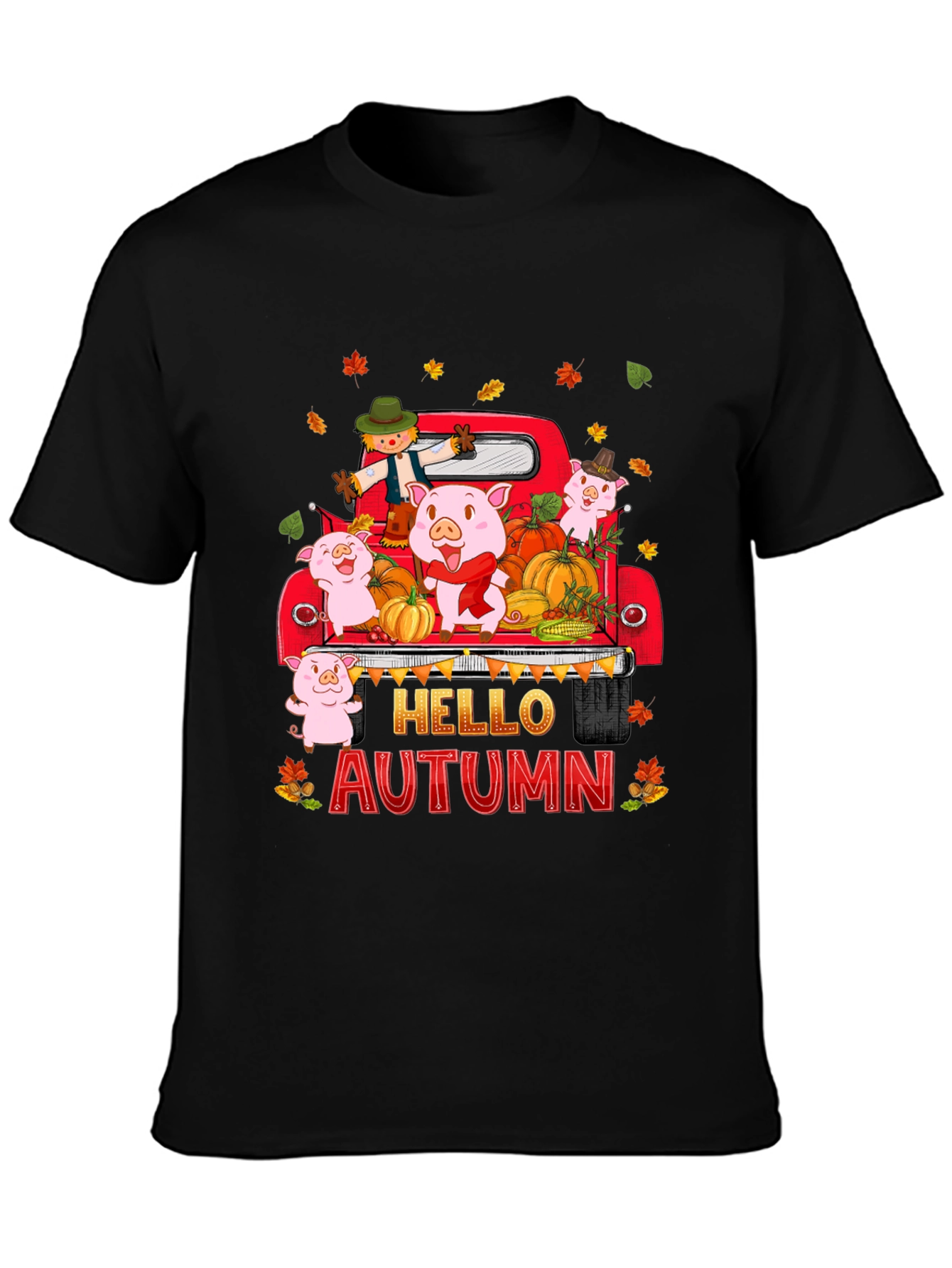 Hello Autumn Pig Truck Graphic T-Shirt