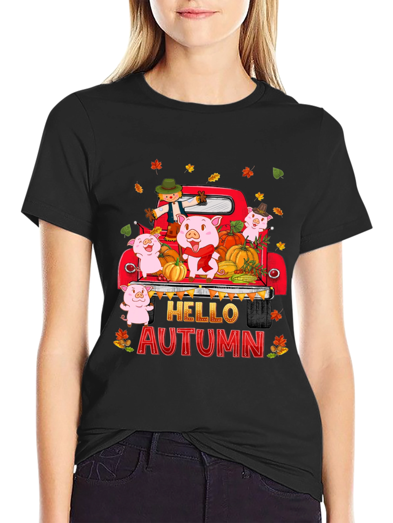 Hello Autumn Pig Truck Graphic T-Shirt