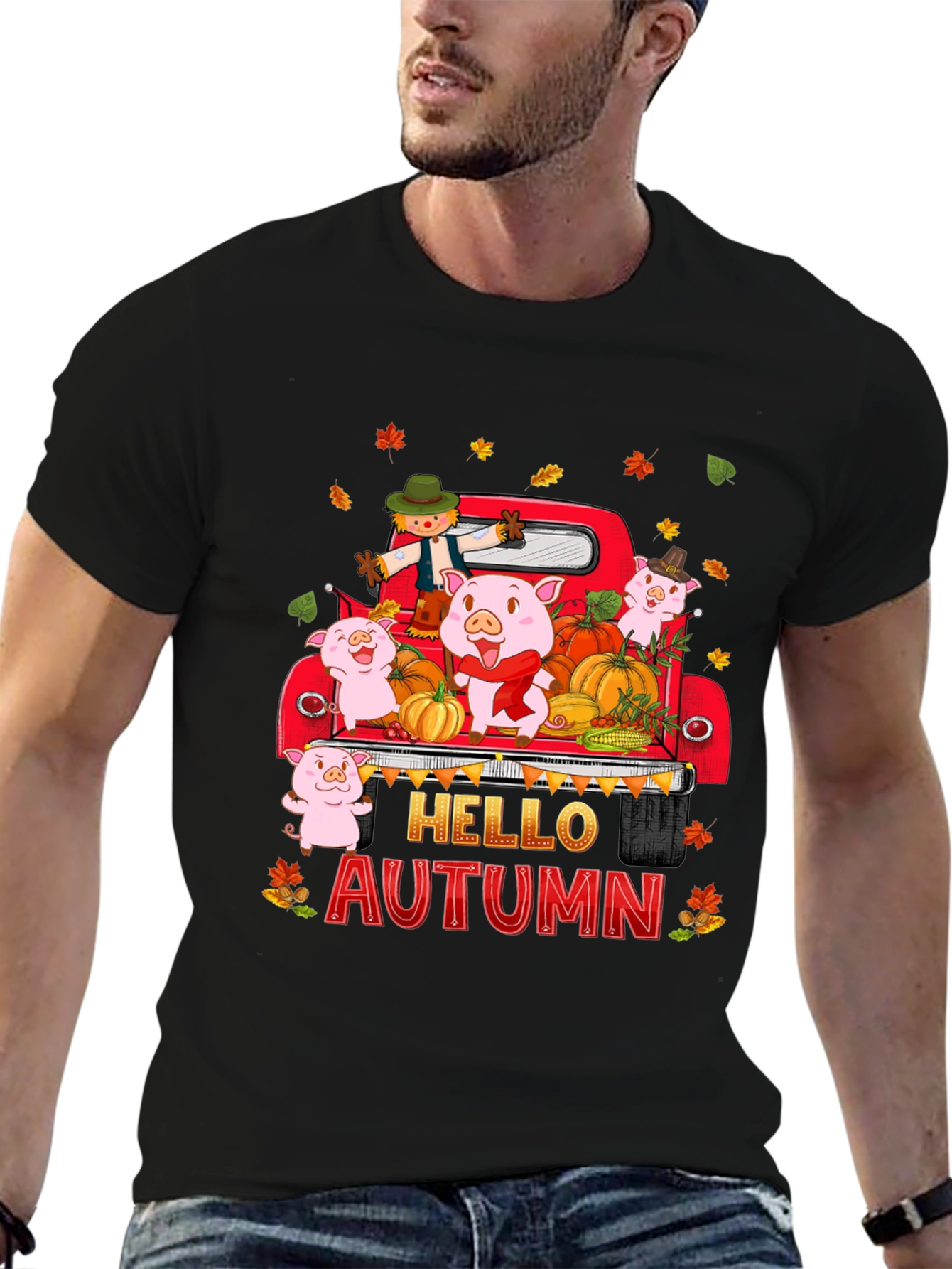 Hello Autumn Pig Truck Graphic T-Shirt