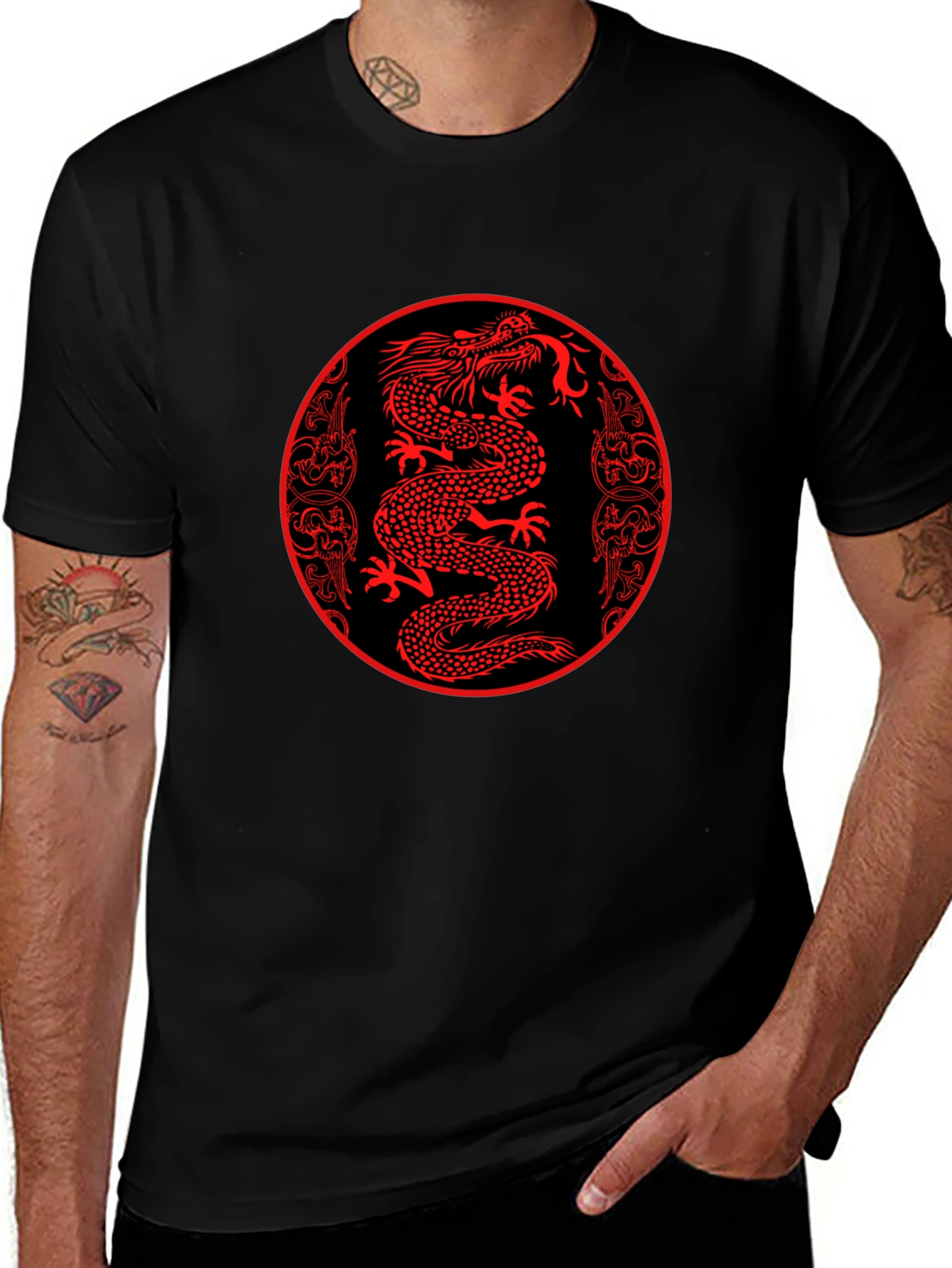 Red Dragon Circle Graphic Black Tee