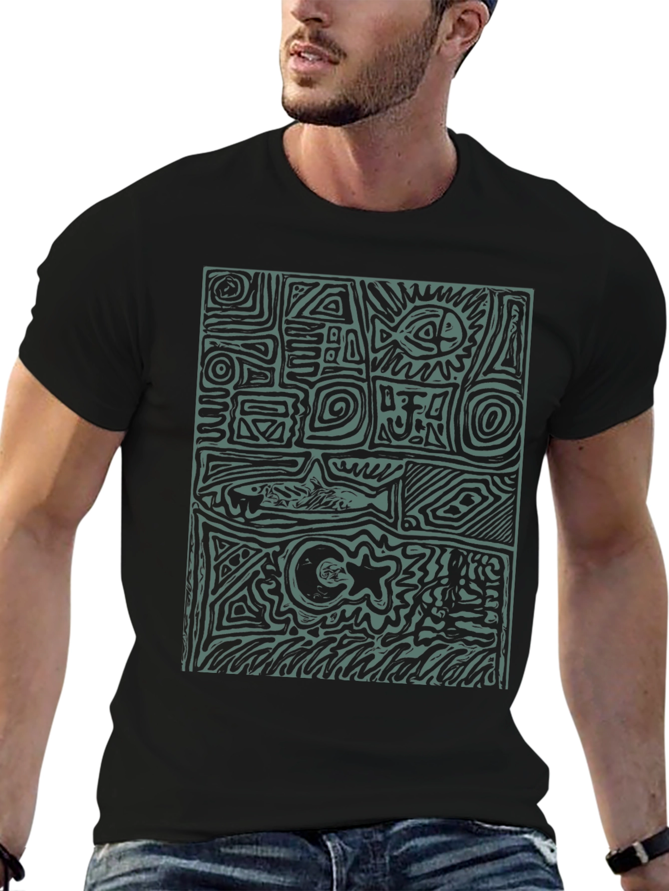 Abstract Graphic Print T-Shirt - Casual Black Tee