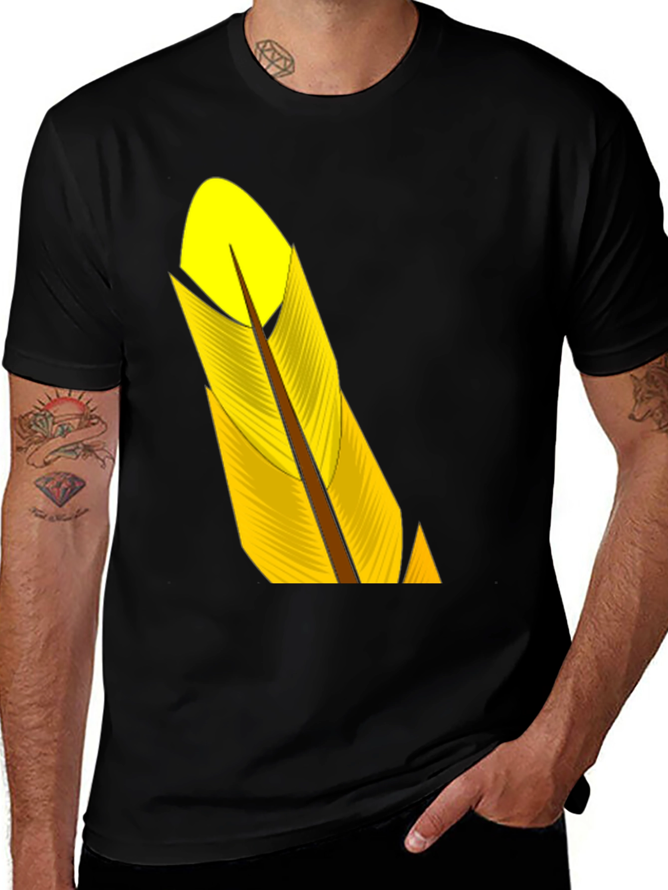 Black T-Shirt with Yellow Feather Graphic