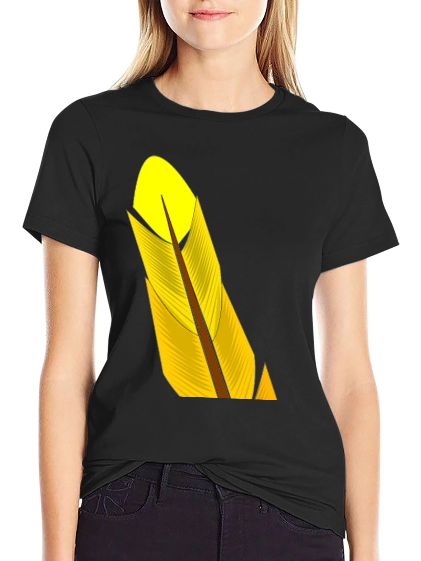 Black T-Shirt with Yellow Feather Graphic