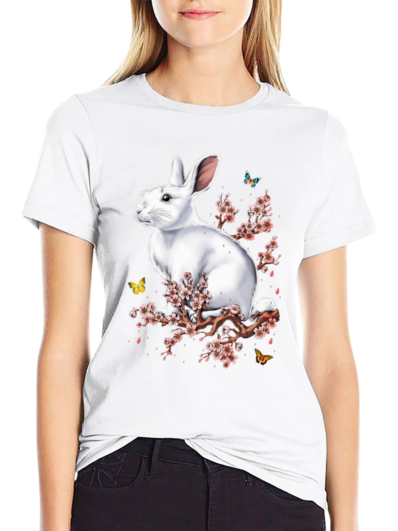 Rabbit & Blossom Graphic Print Mens Black T-Shirt