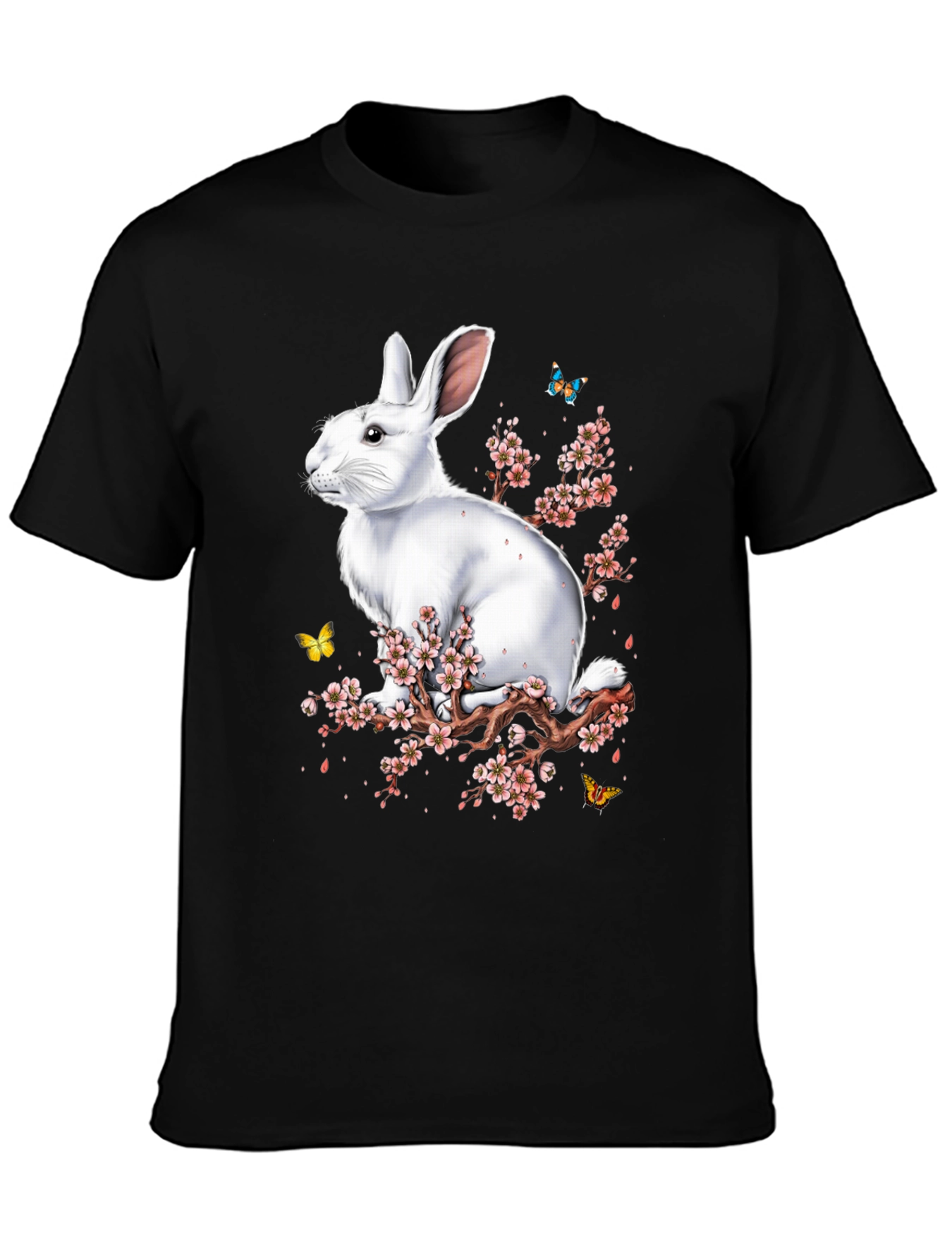 Rabbit & Blossom Graphic Print Mens Black T-Shirt