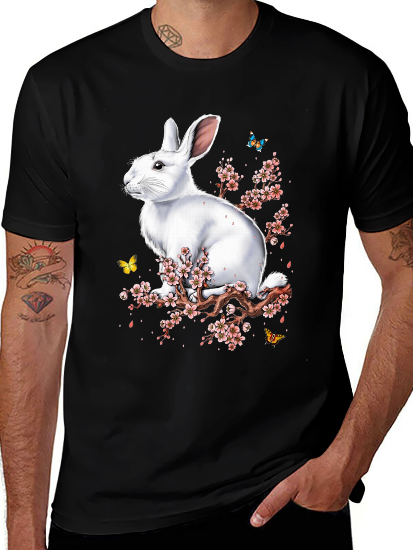 Rabbit & Blossom Graphic Print Mens Black T-Shirt