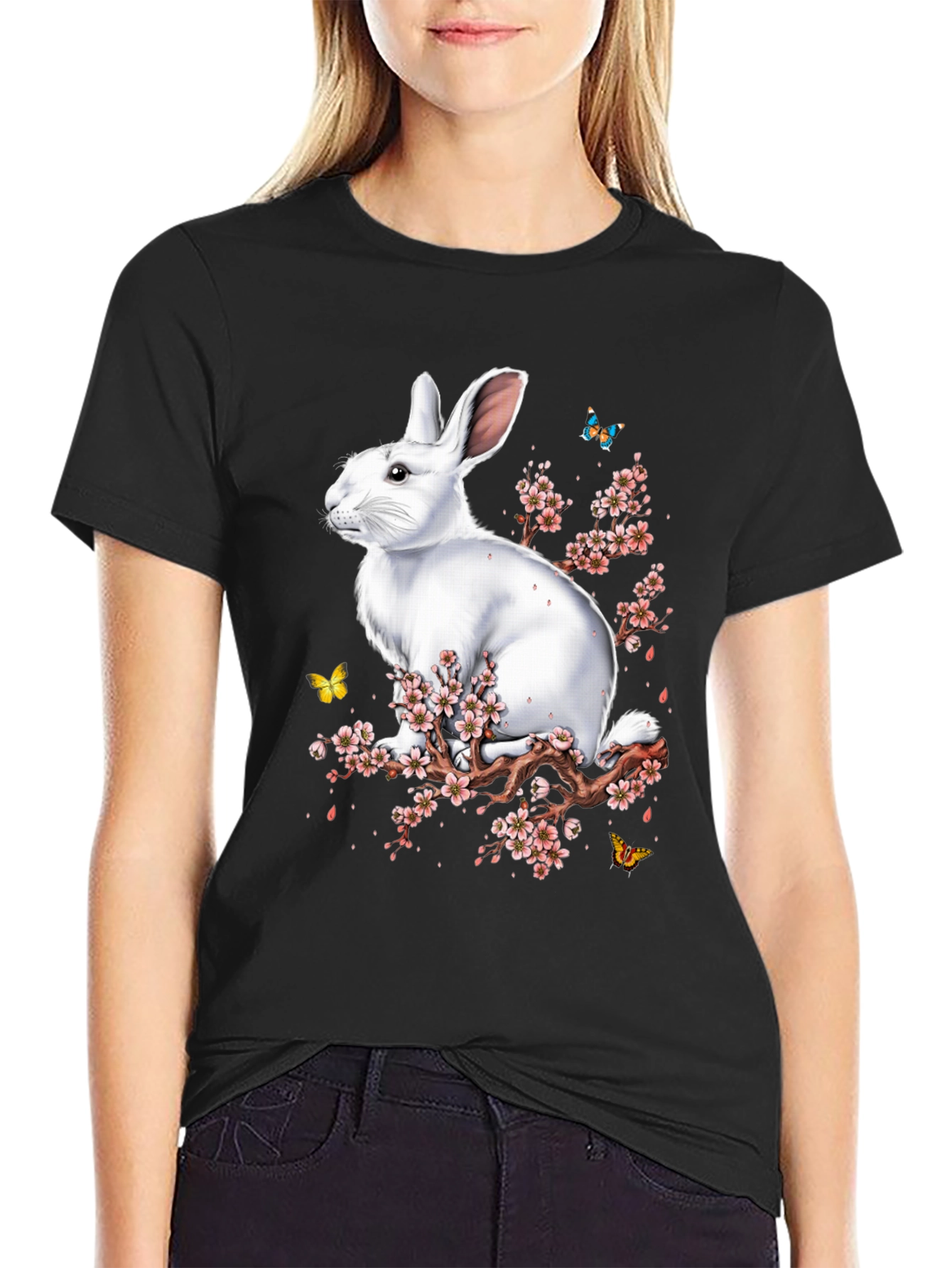 Rabbit & Blossom Graphic Print Mens Black T-Shirt