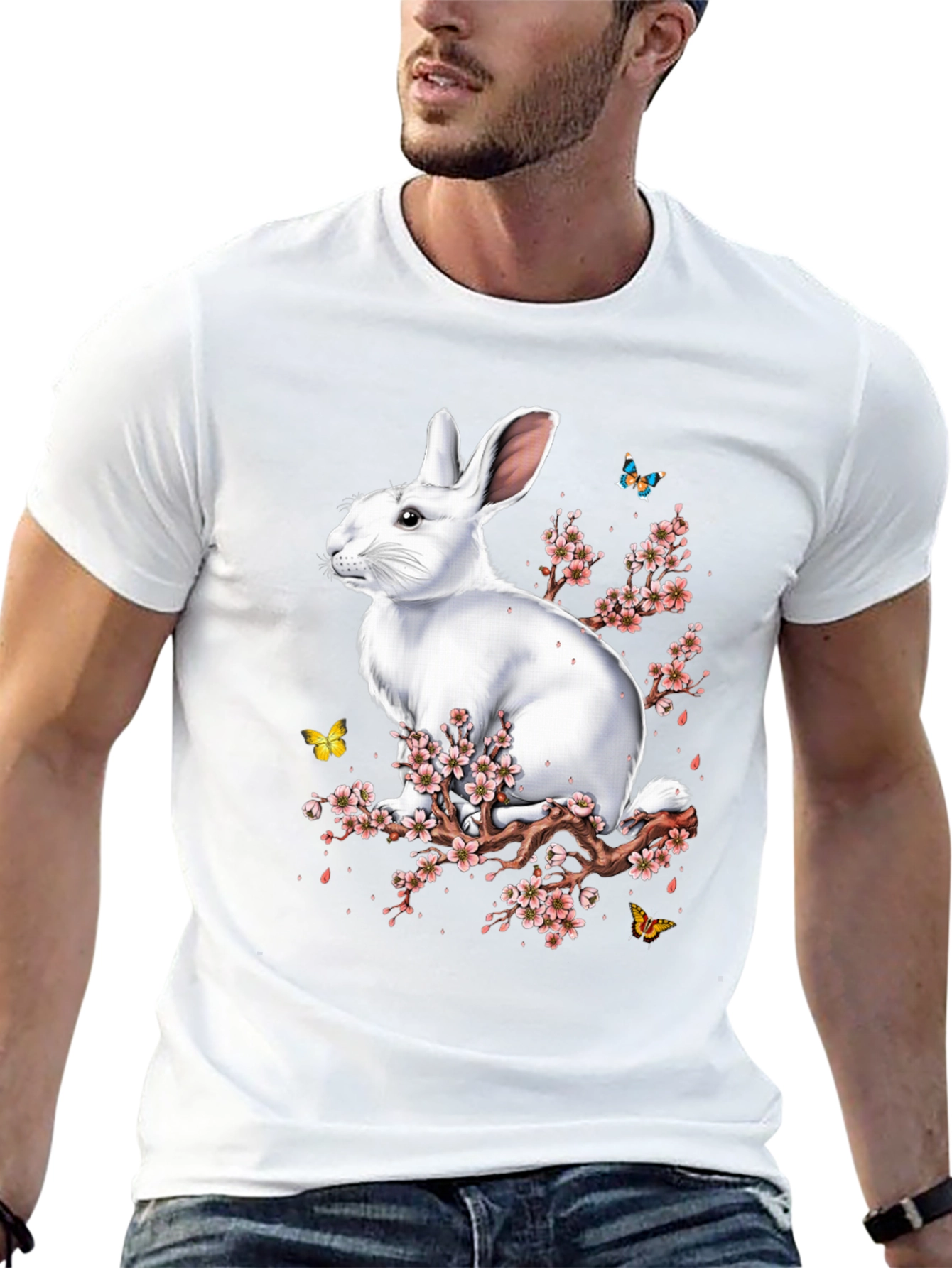 Rabbit & Blossom Graphic Print Mens Black T-Shirt