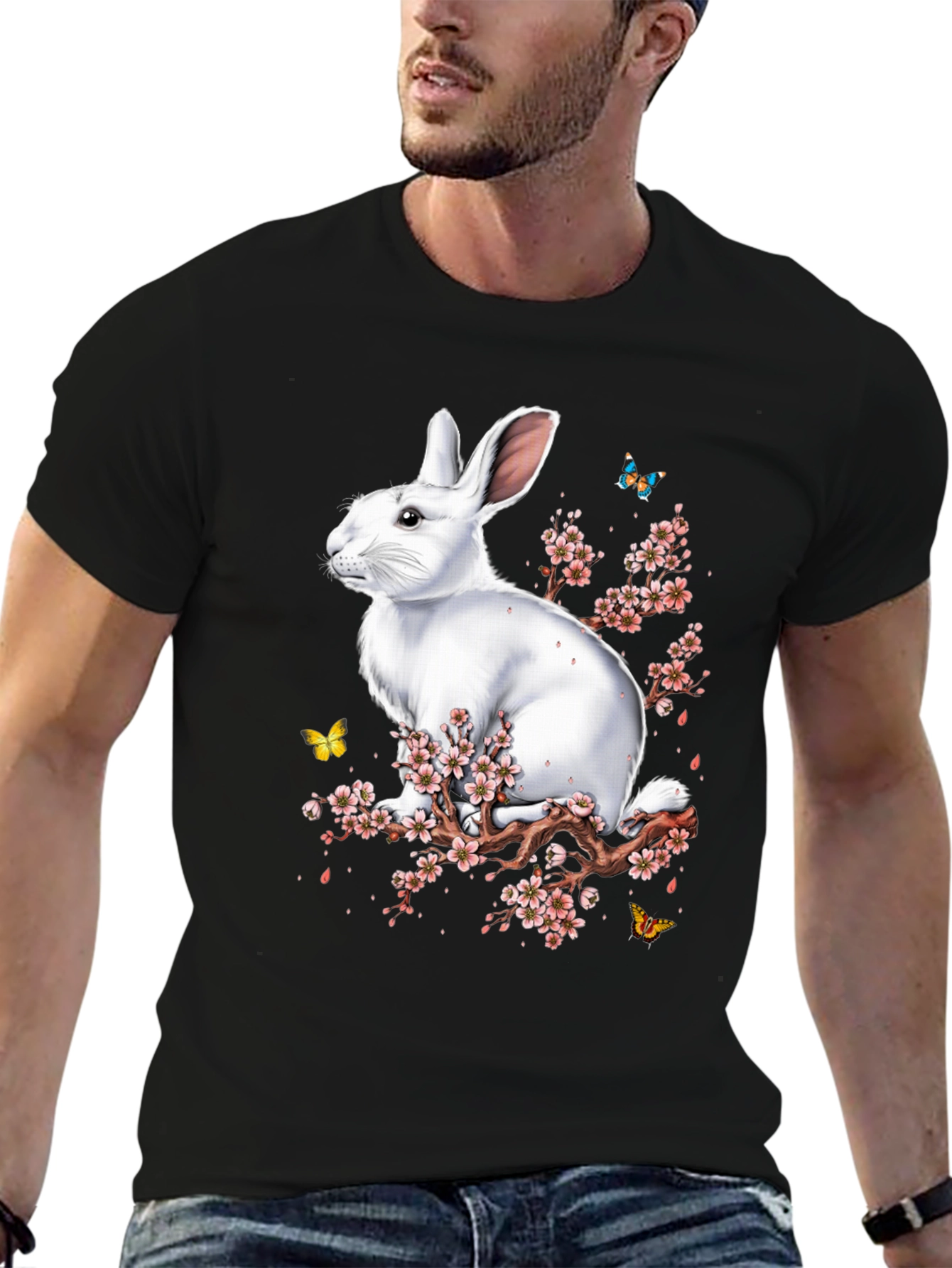 Rabbit & Blossom Graphic Print Mens Black T-Shirt