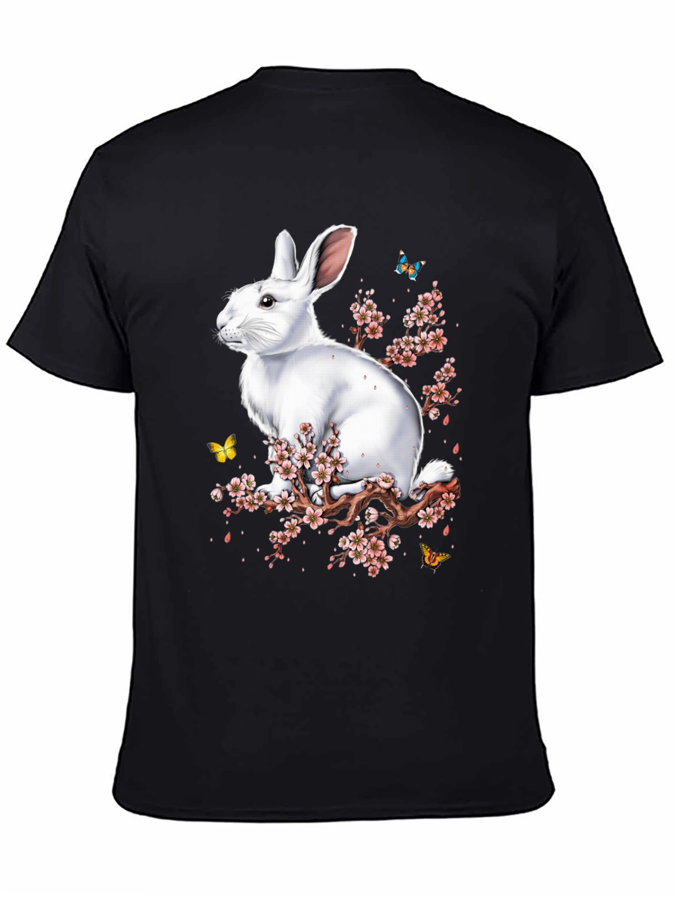 Rabbit & Blossom Graphic Print Mens Black T-Shirt