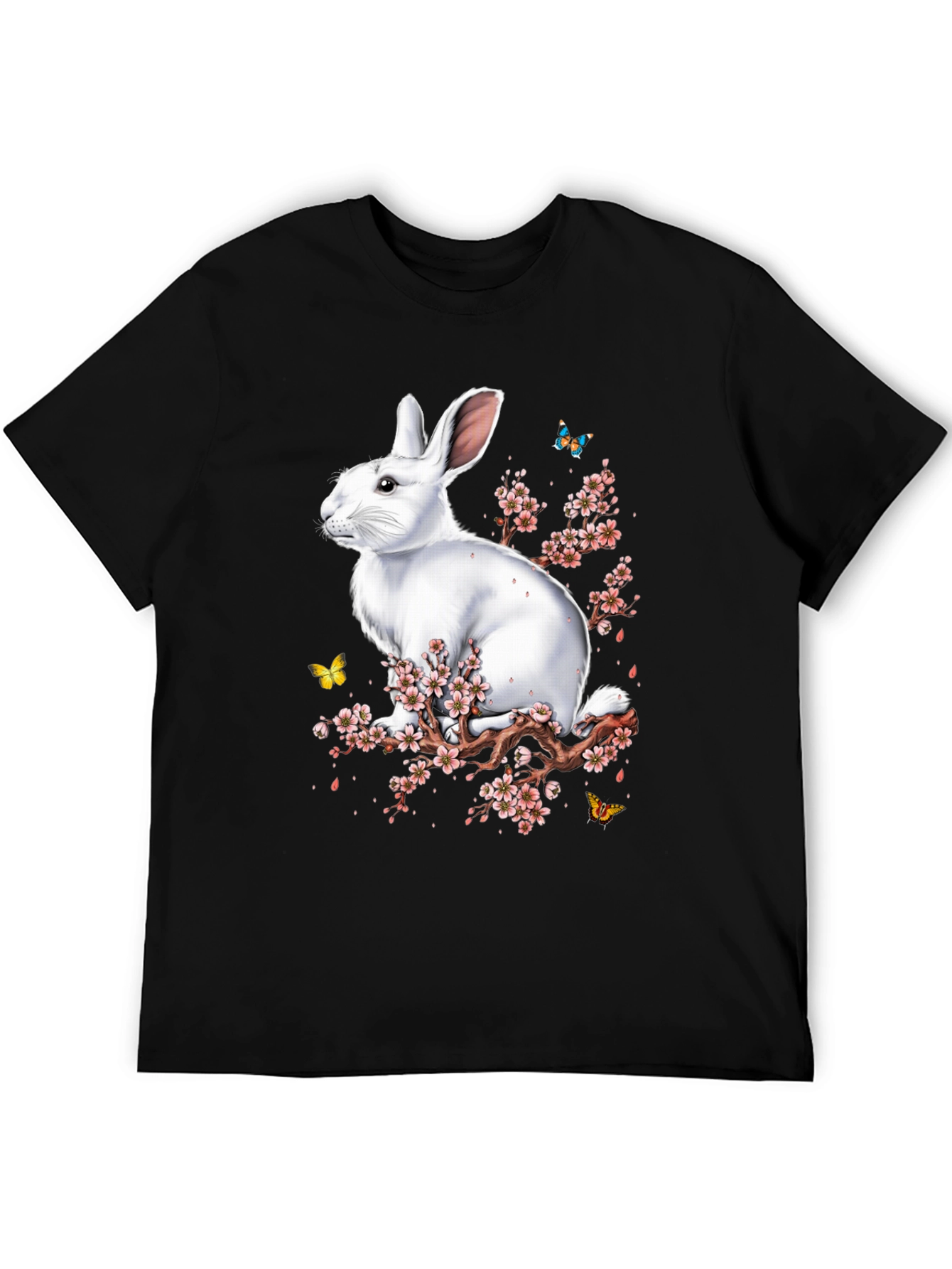 Rabbit & Blossom Graphic Print Mens Black T-Shirt