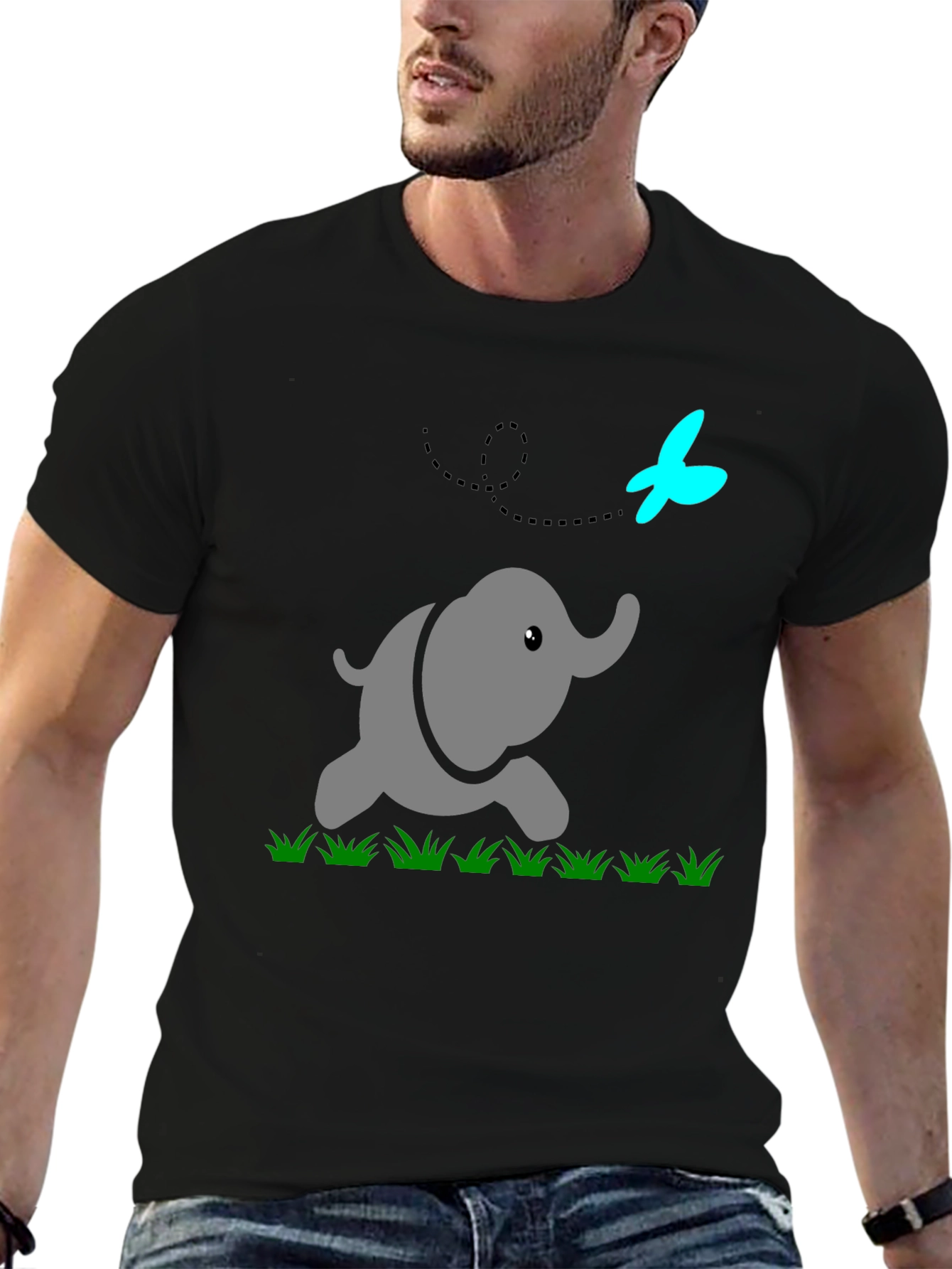 Cute Elephant & Butterfly Graphic Black T-Shirt