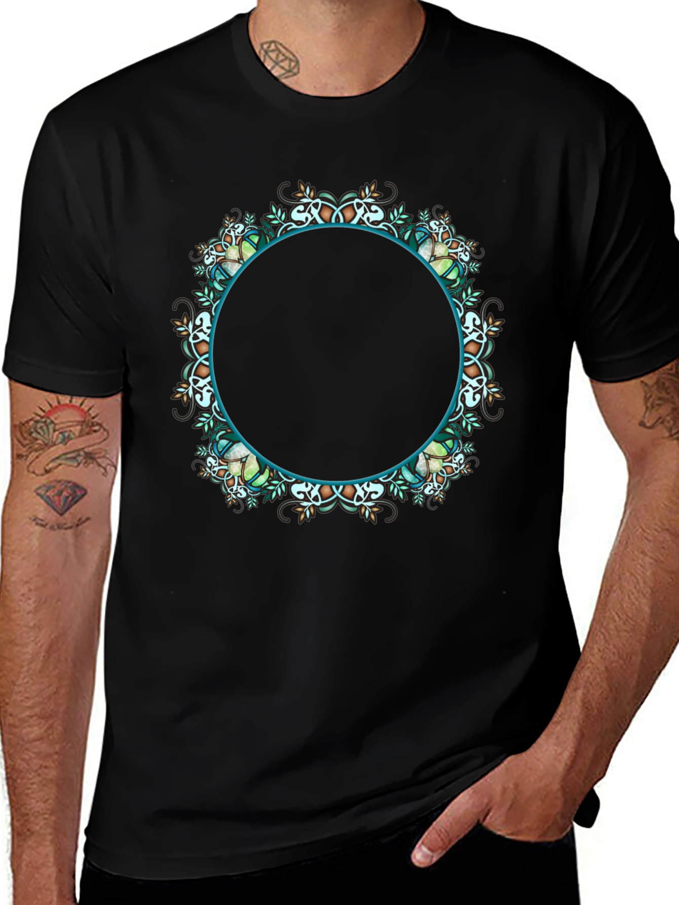 Black T-Shirt with Ornamental Circular Design