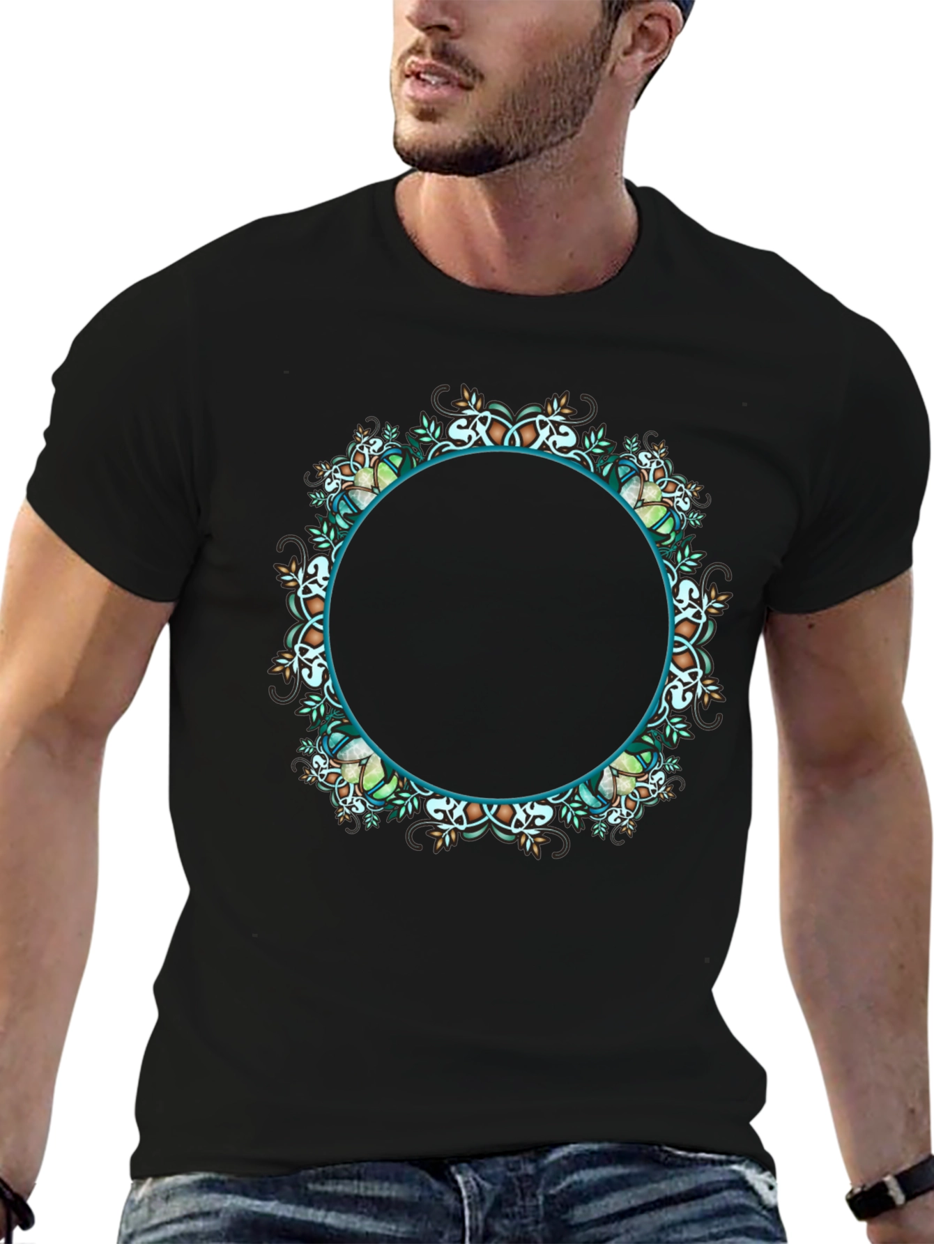 Black T-Shirt with Ornamental Circular Design