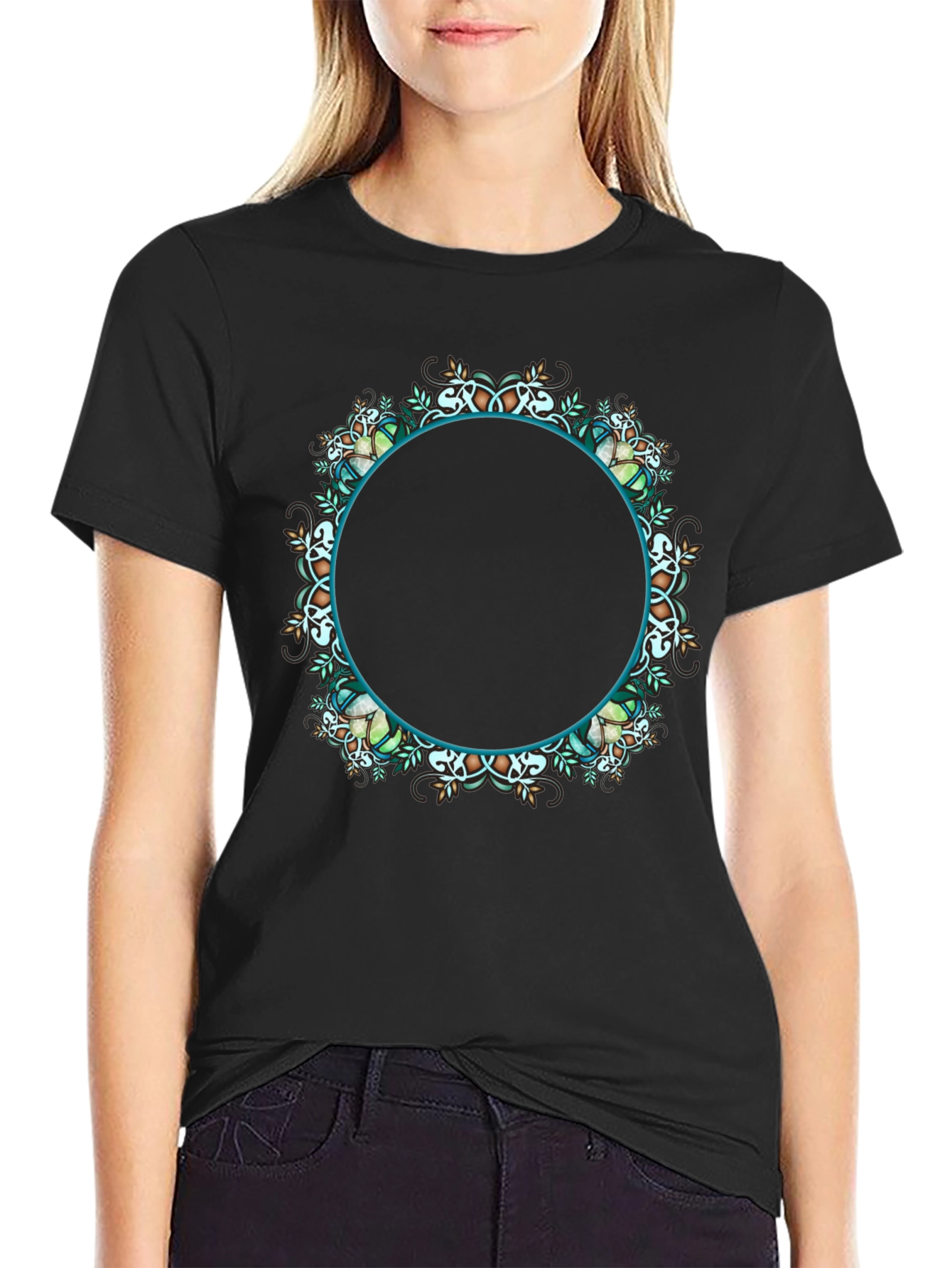 Black T-Shirt with Ornamental Circular Design