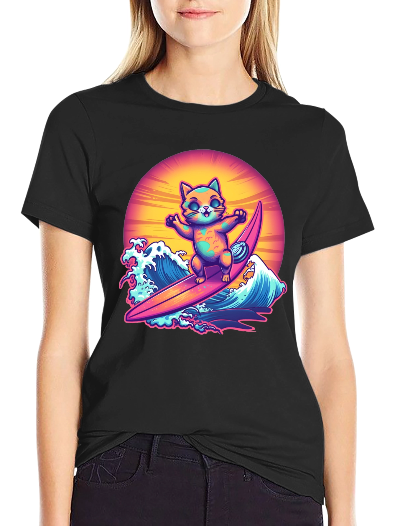 Surfing Cat Graphic Tee - Cool Summer Vibes