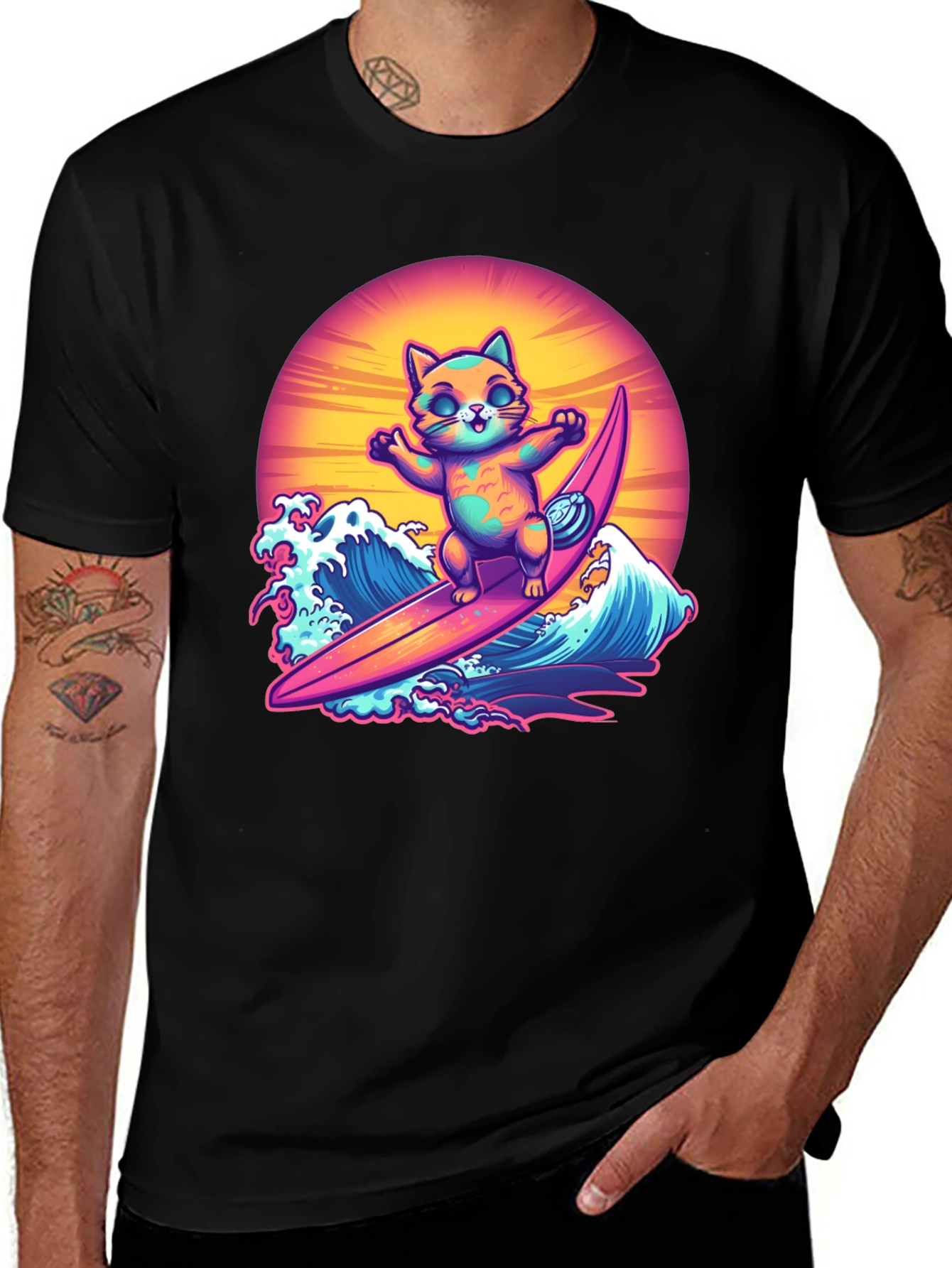 Surfing Cat Graphic Tee - Cool Summer Vibes