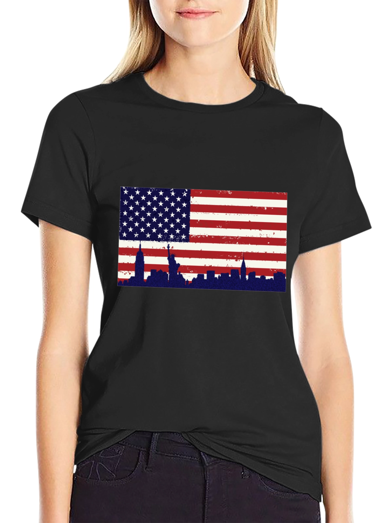 USA Flag New York Skyline Graphic Tee