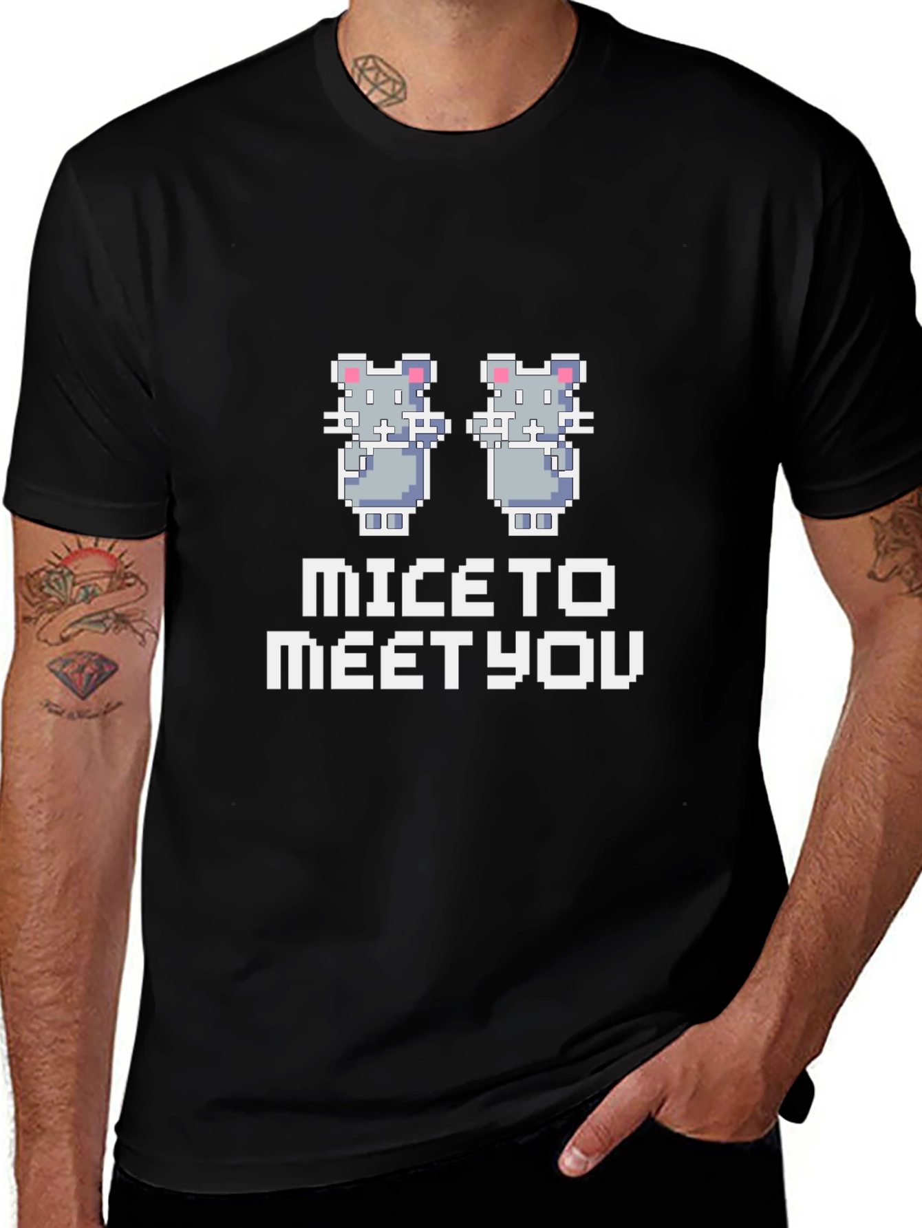 Mice to Meet You Pixel Art Black T-Shirt