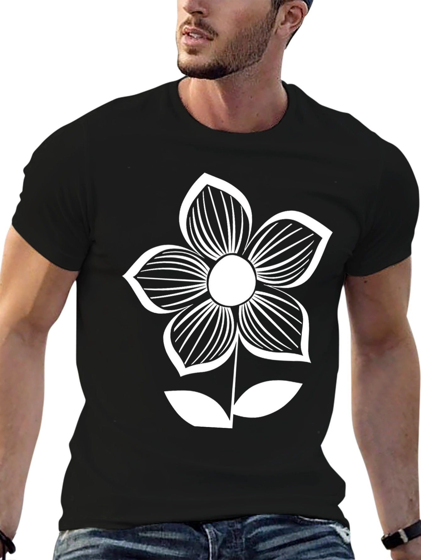 Black T-Shirt with White Flower Graphic