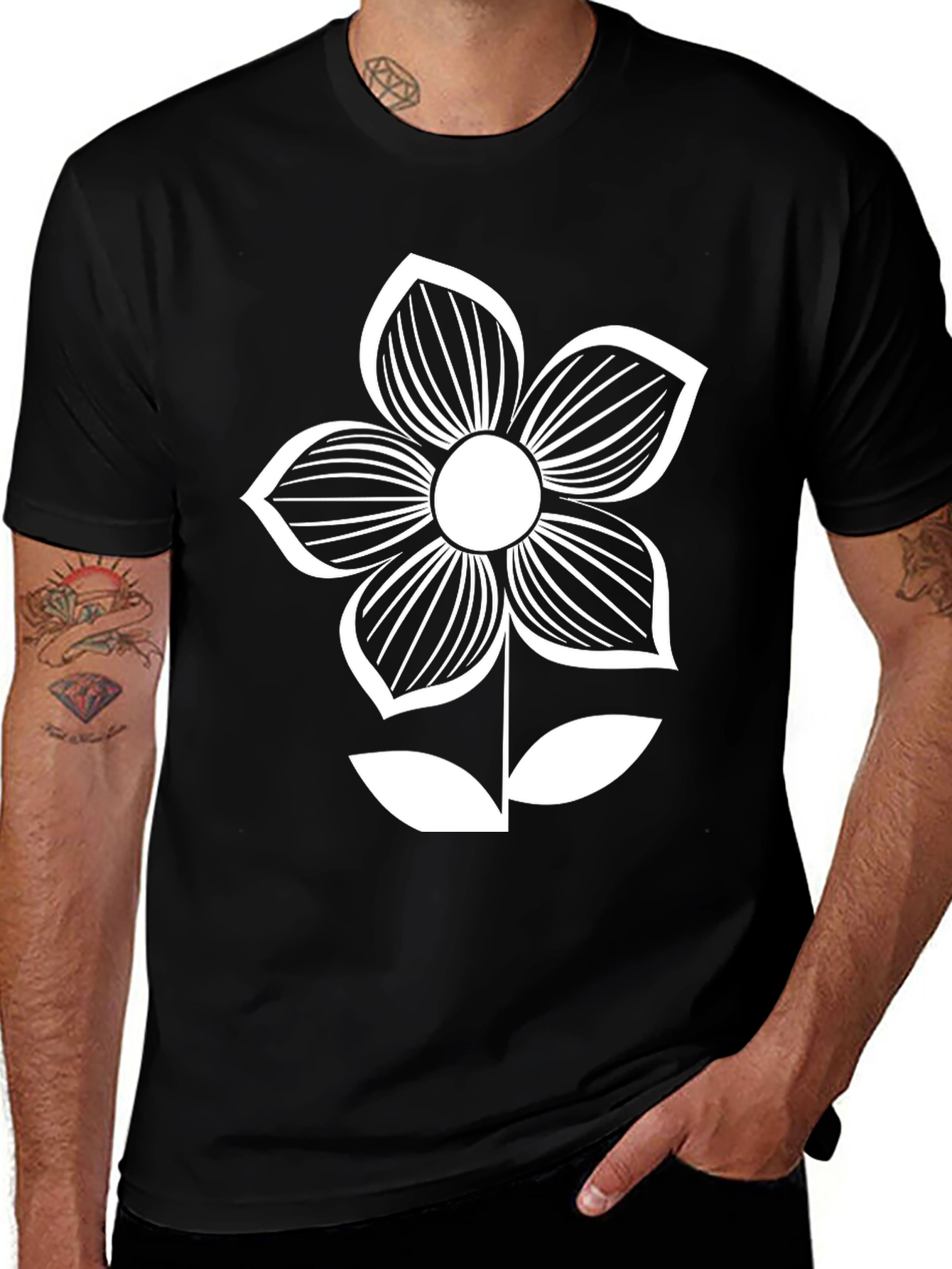 Black T-Shirt with White Flower Graphic