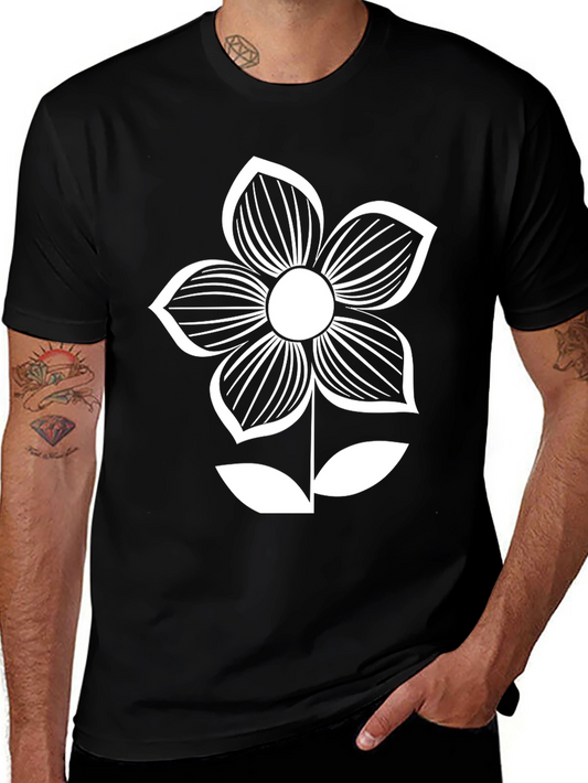 Black T-Shirt with White Flower Graphic