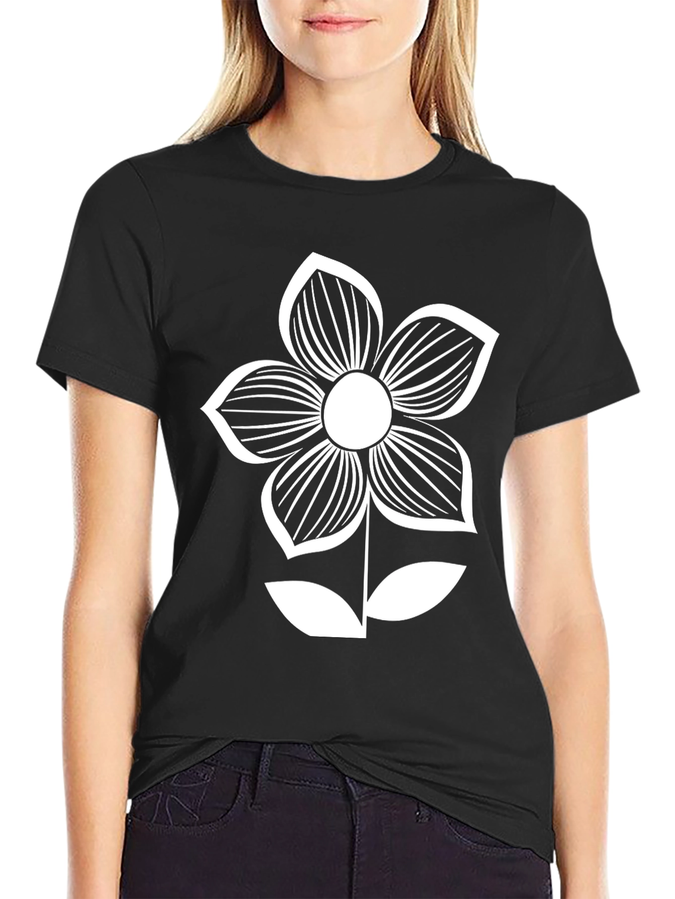 Black T-Shirt with White Flower Graphic