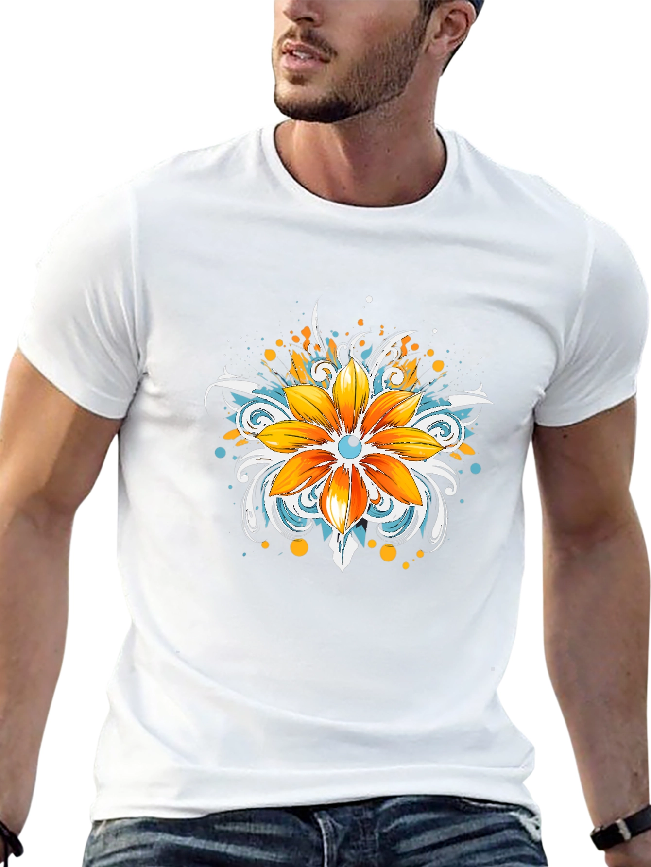 Mens Black T-Shirt with Floral Graphic