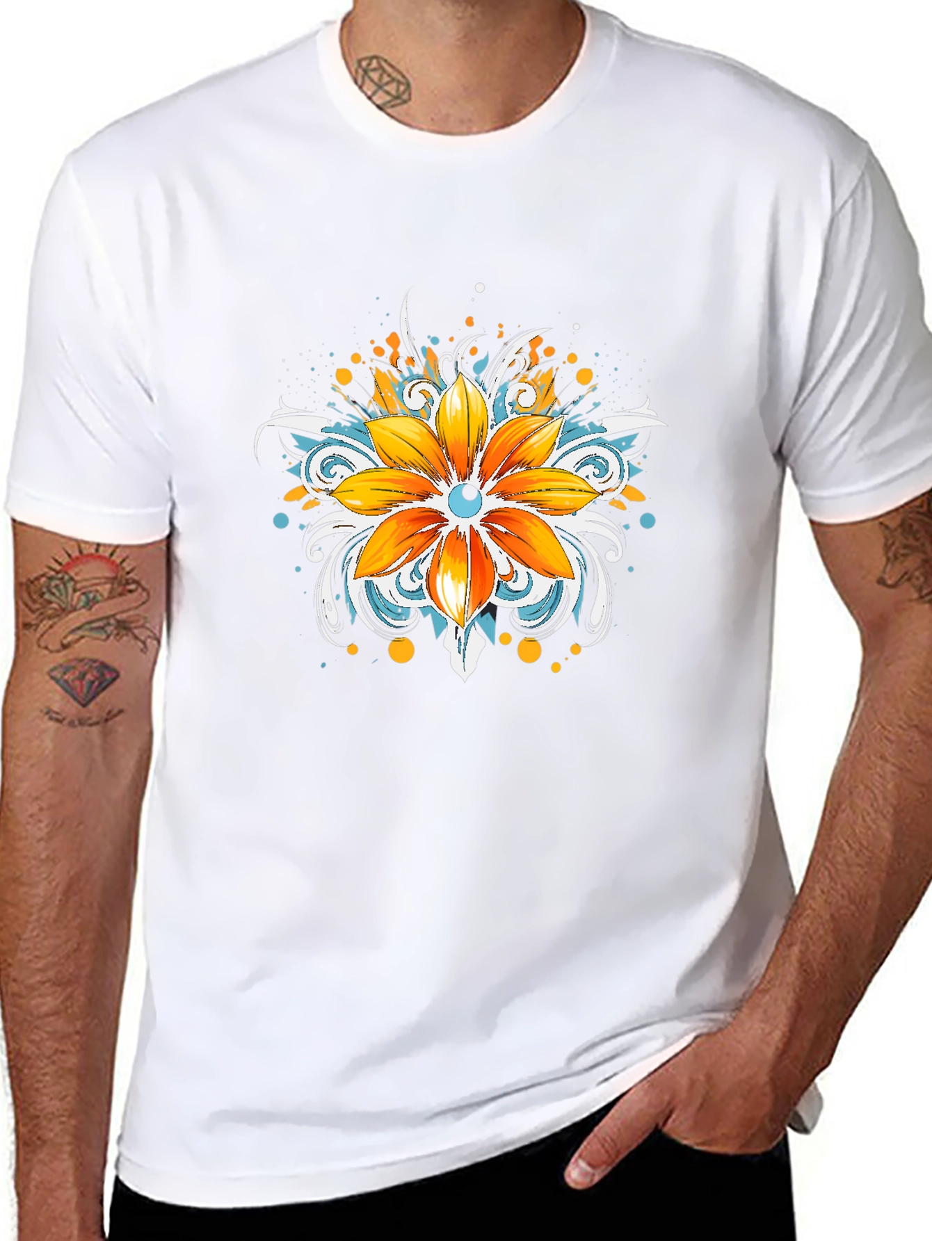 Mens Black T-Shirt with Floral Graphic