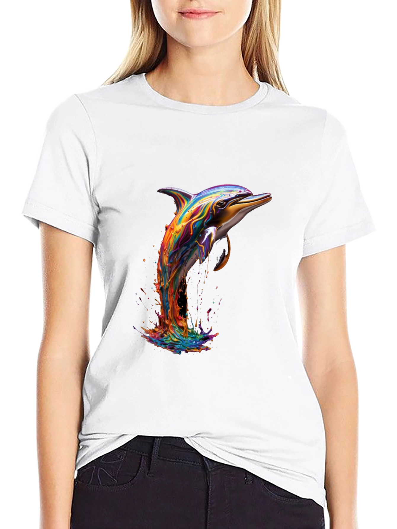 Rainbow Dolphin Graphic Tee - Stylish Mens Black T-Shirt