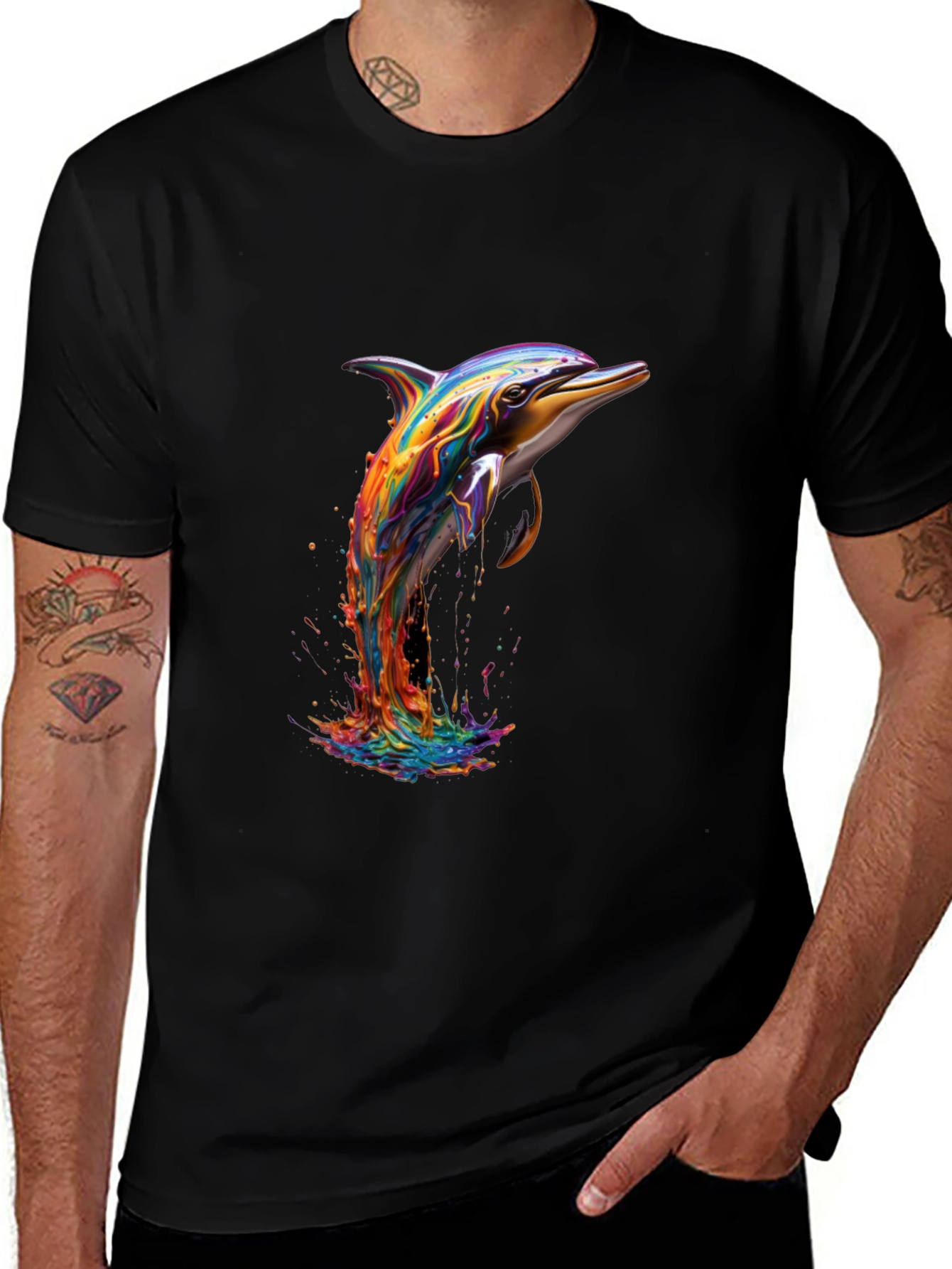 Rainbow Dolphin Graphic Tee - Stylish Mens Black T-Shirt