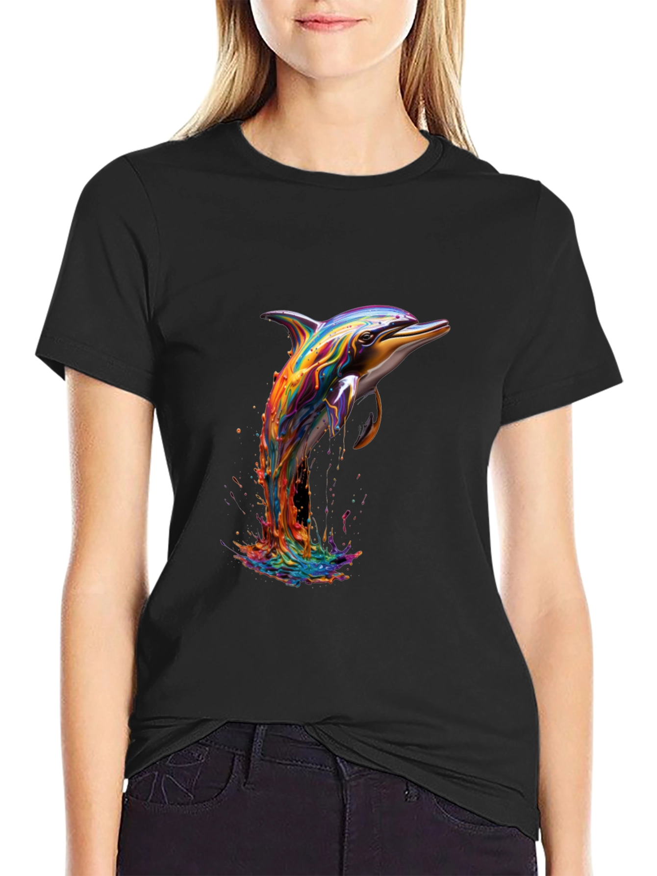 Rainbow Dolphin Graphic Tee - Stylish Mens Black T-Shirt