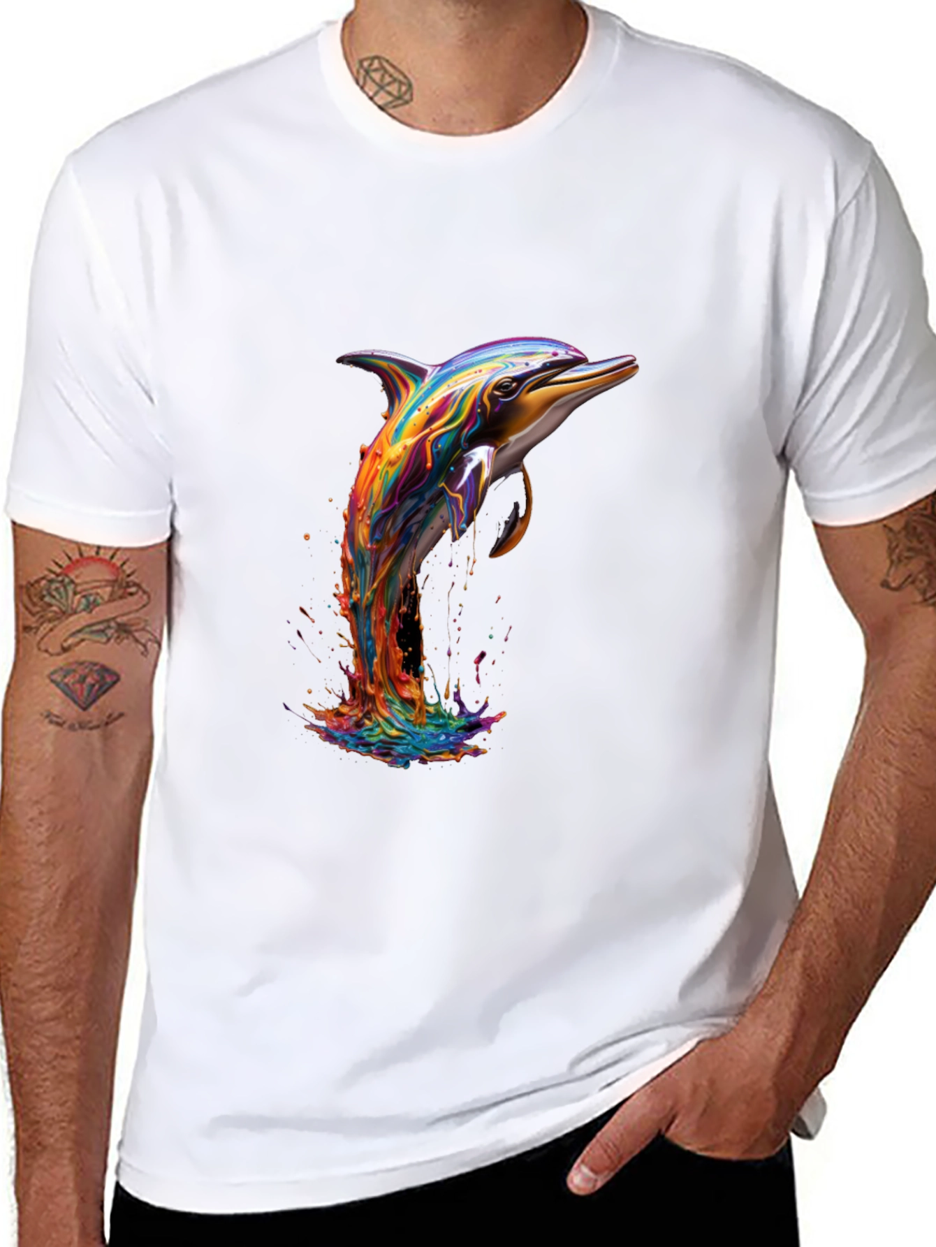 Rainbow Dolphin Graphic Tee - Stylish Mens Black T-Shirt