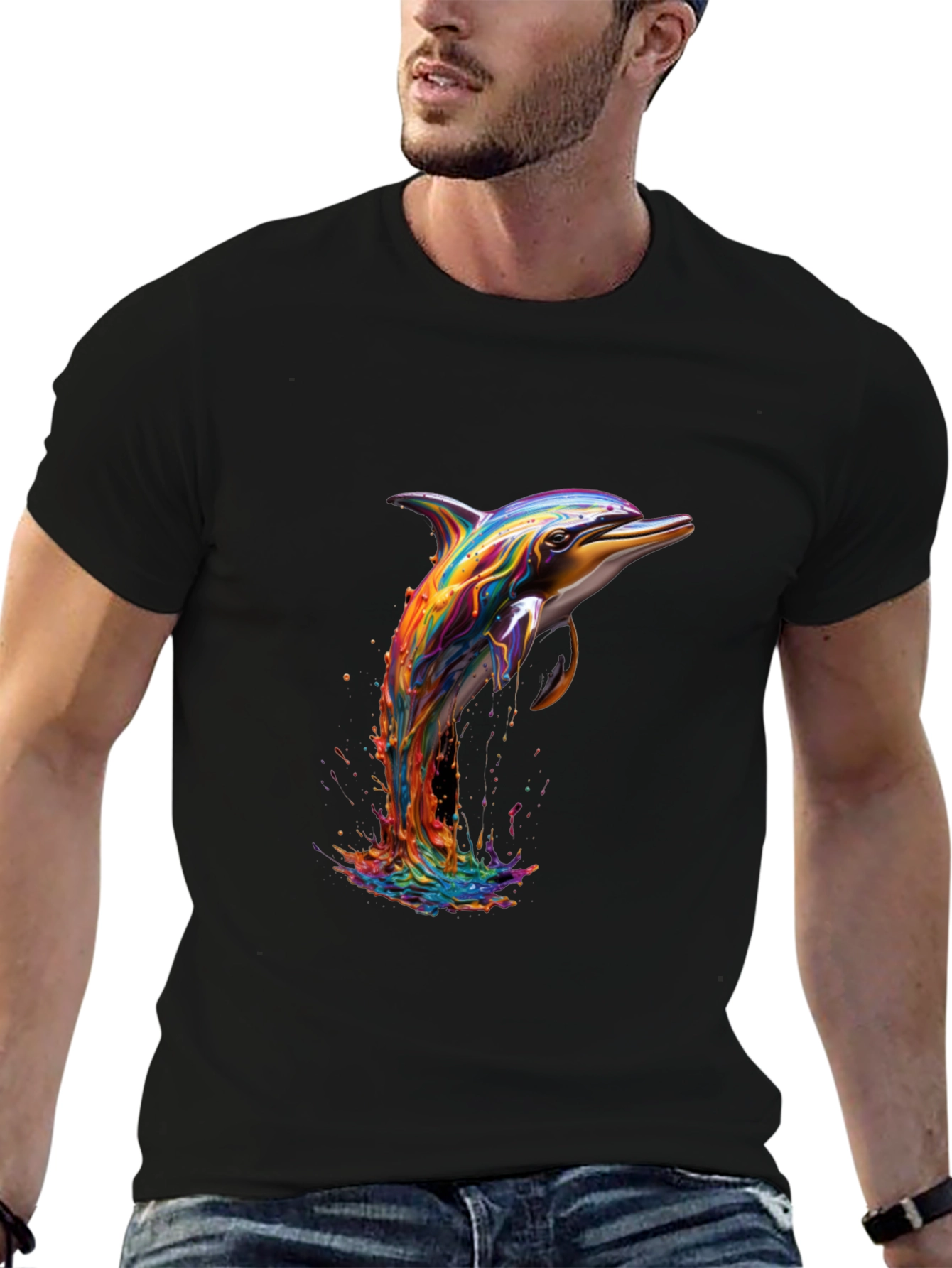 Rainbow Dolphin Graphic Tee - Stylish Mens Black T-Shirt