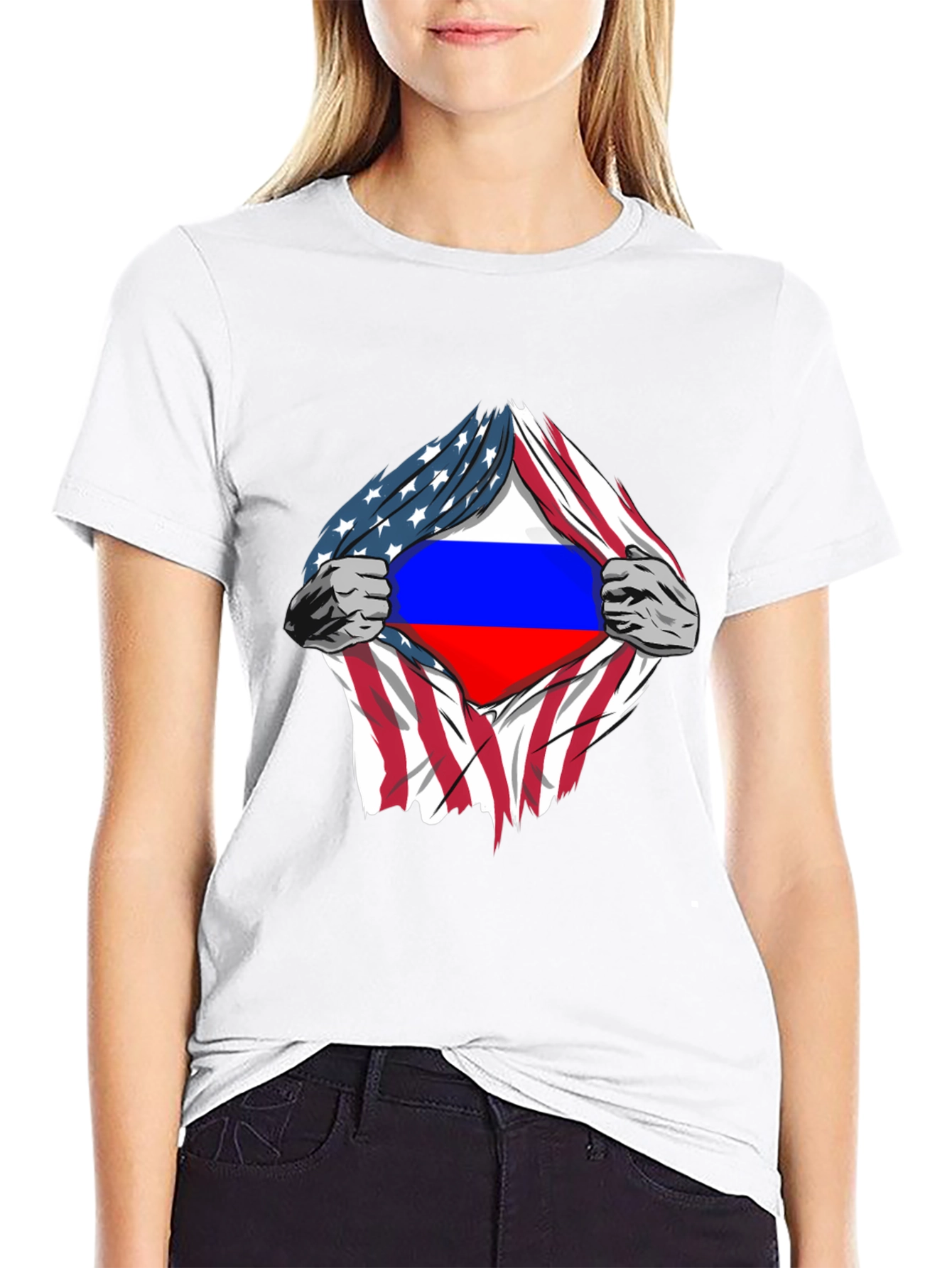 USA Flag Ripped to Reveal Russian Flag T-Shirt