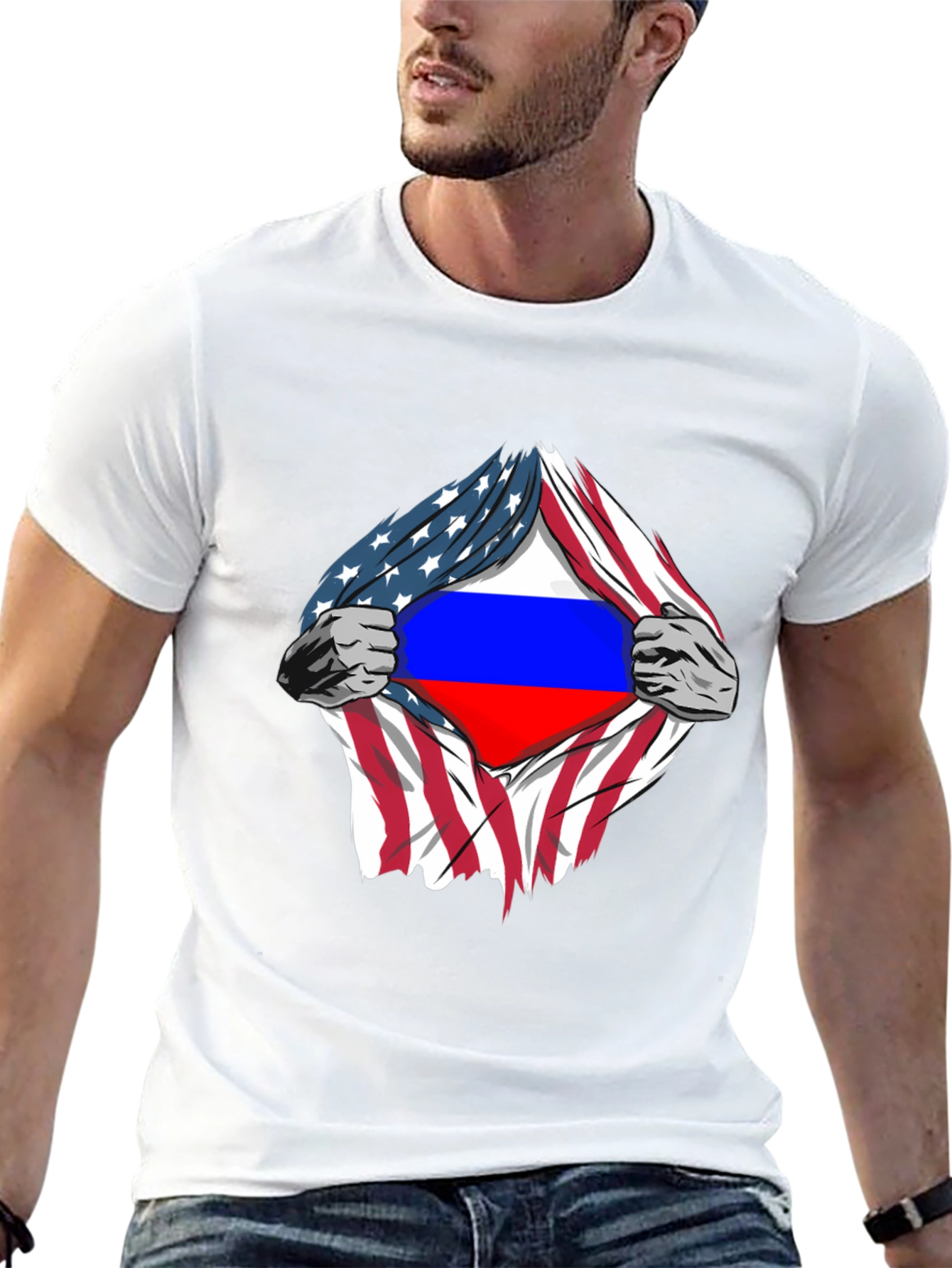 USA Flag Ripped to Reveal Russian Flag T-Shirt