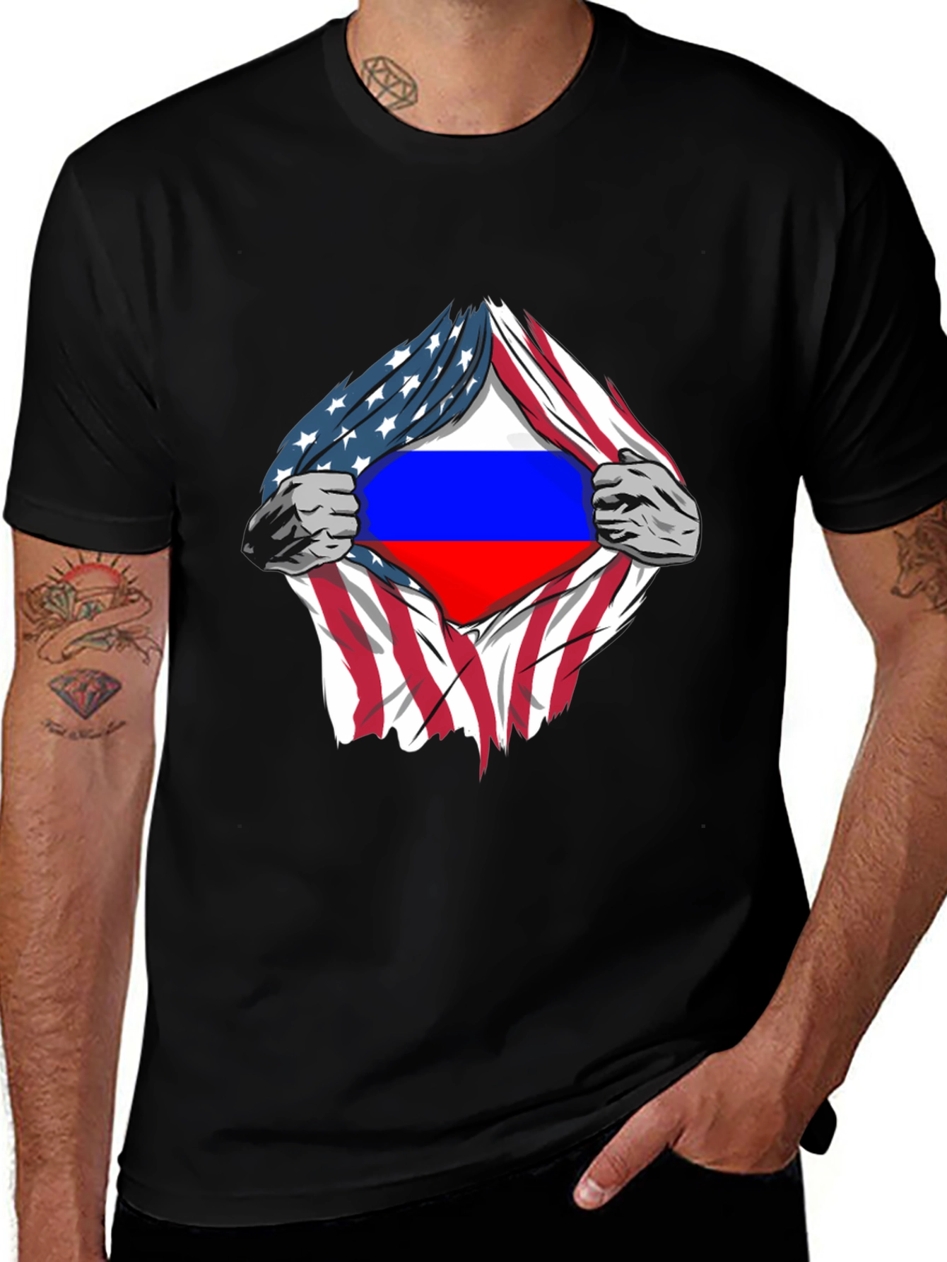 USA Flag Ripped to Reveal Russian Flag T-Shirt